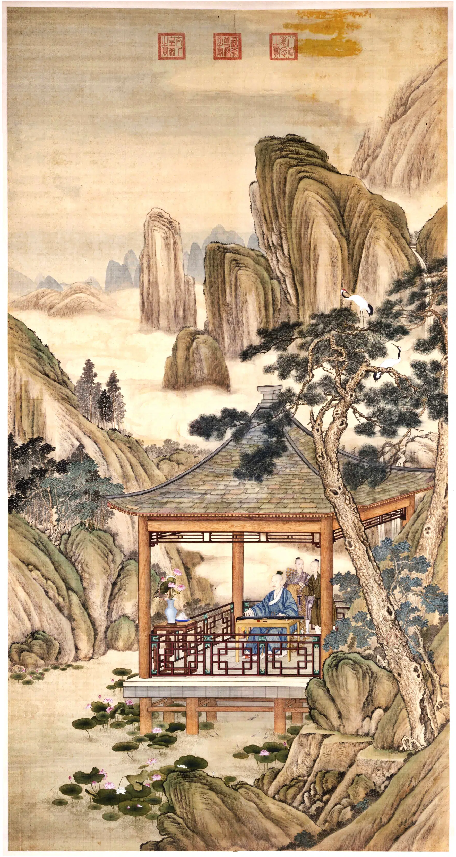 清代【郎世宁】《弘历观荷抚琴图》 第1张