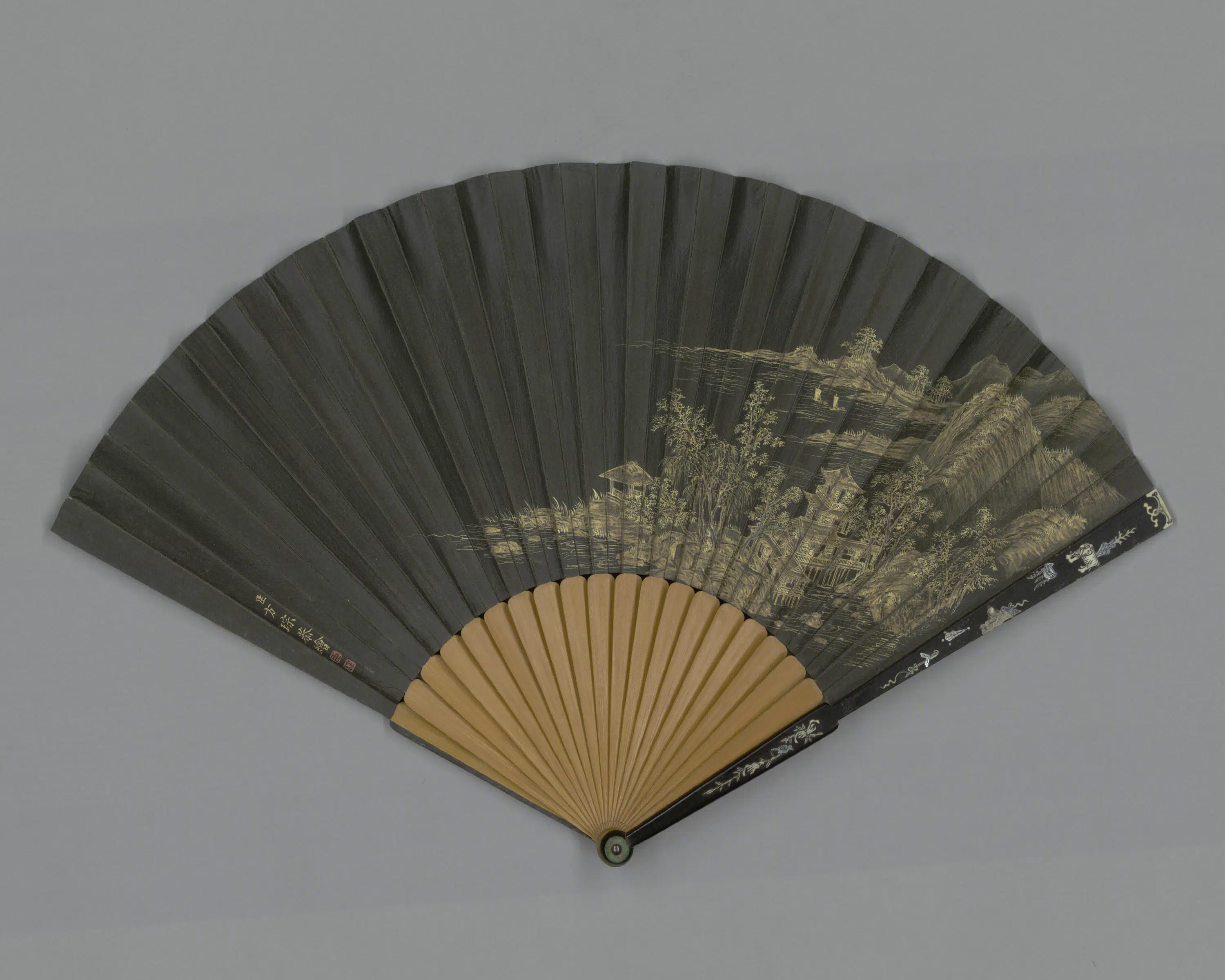 清代【方琮】《画山水王杰临董其昌书帖成扇》