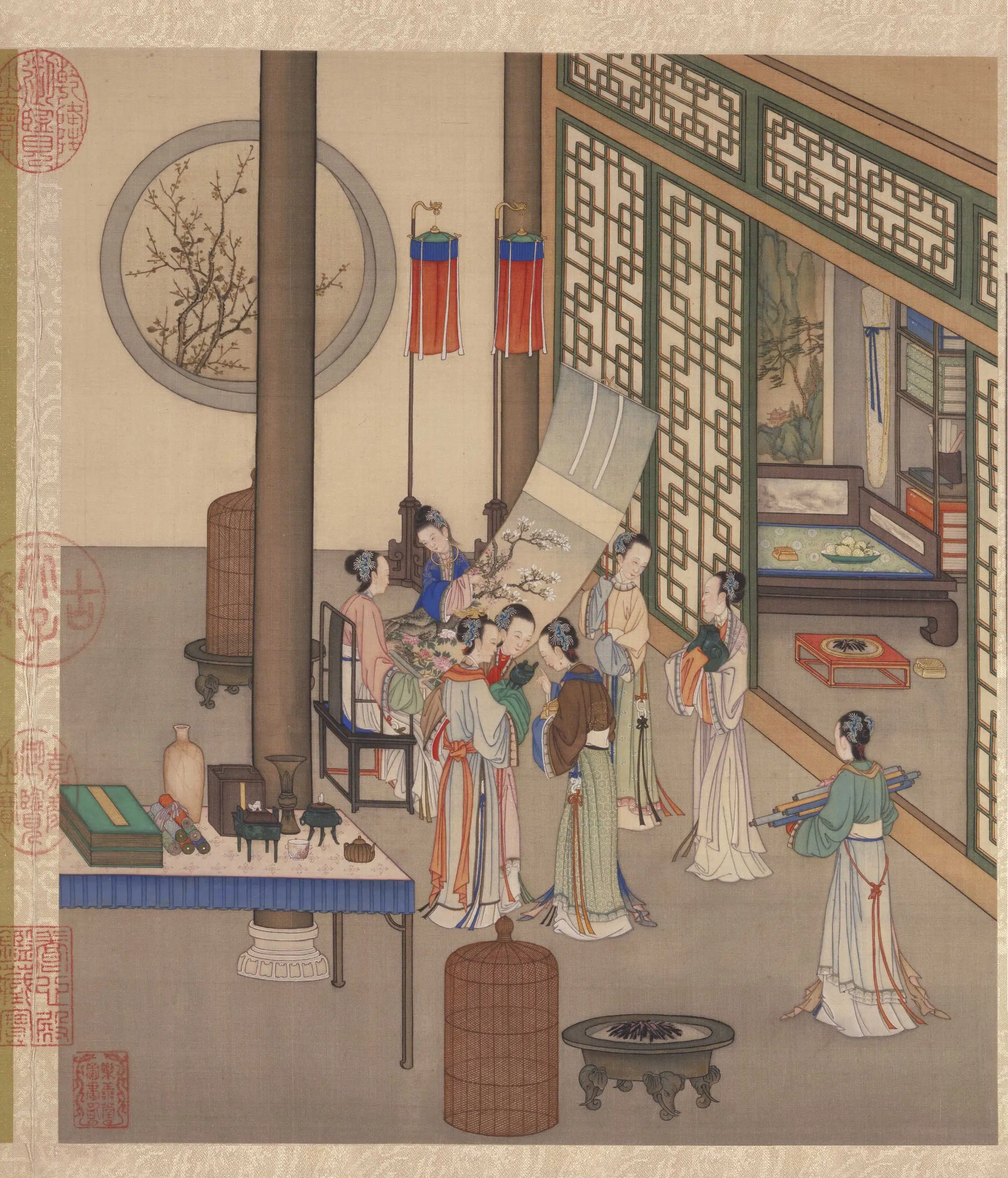 清代【陈枚】《月曼清游图册十二开-(碧池采莲)》 第6张 清代【陈枚】《月曼清游图册十二开-(碧池采莲)》 第6张