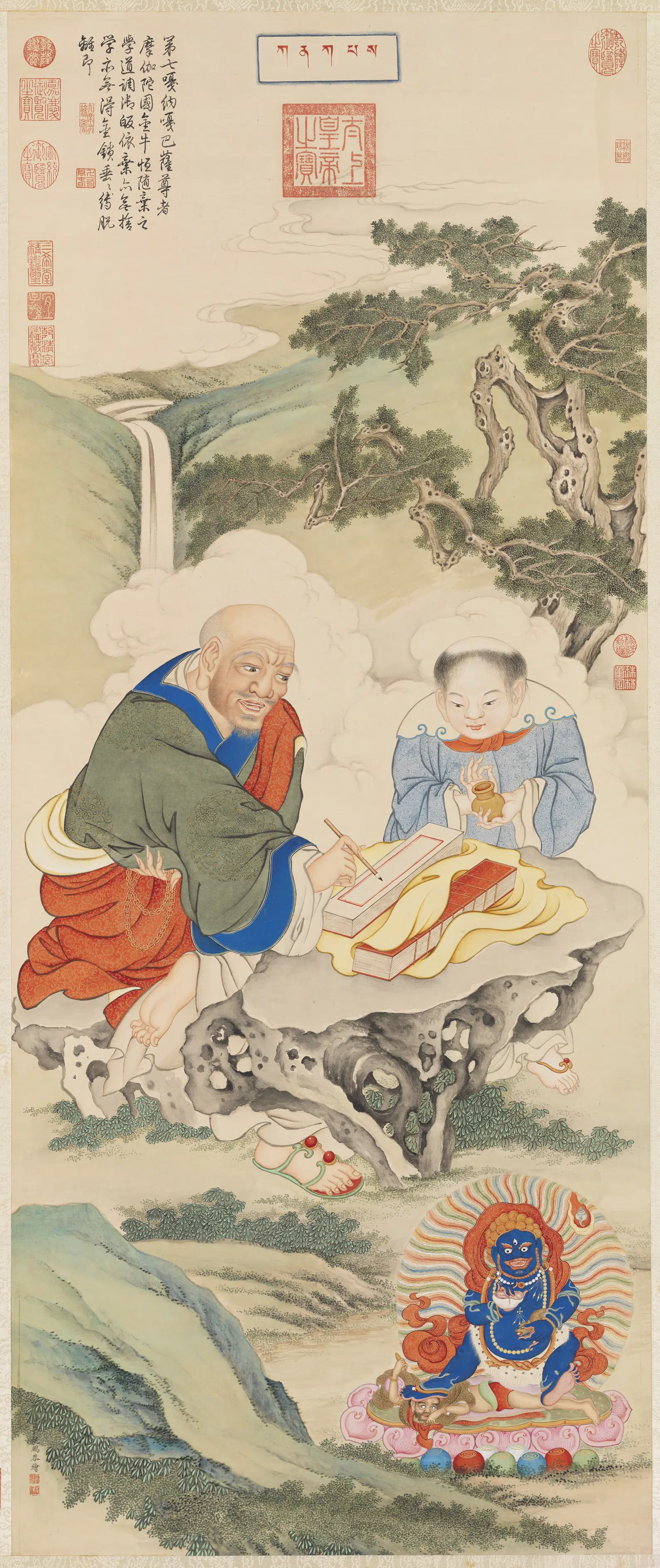 清代【丁观鹏】《十六应真像（七）第七嘎纳嘎萨尊者图轴》