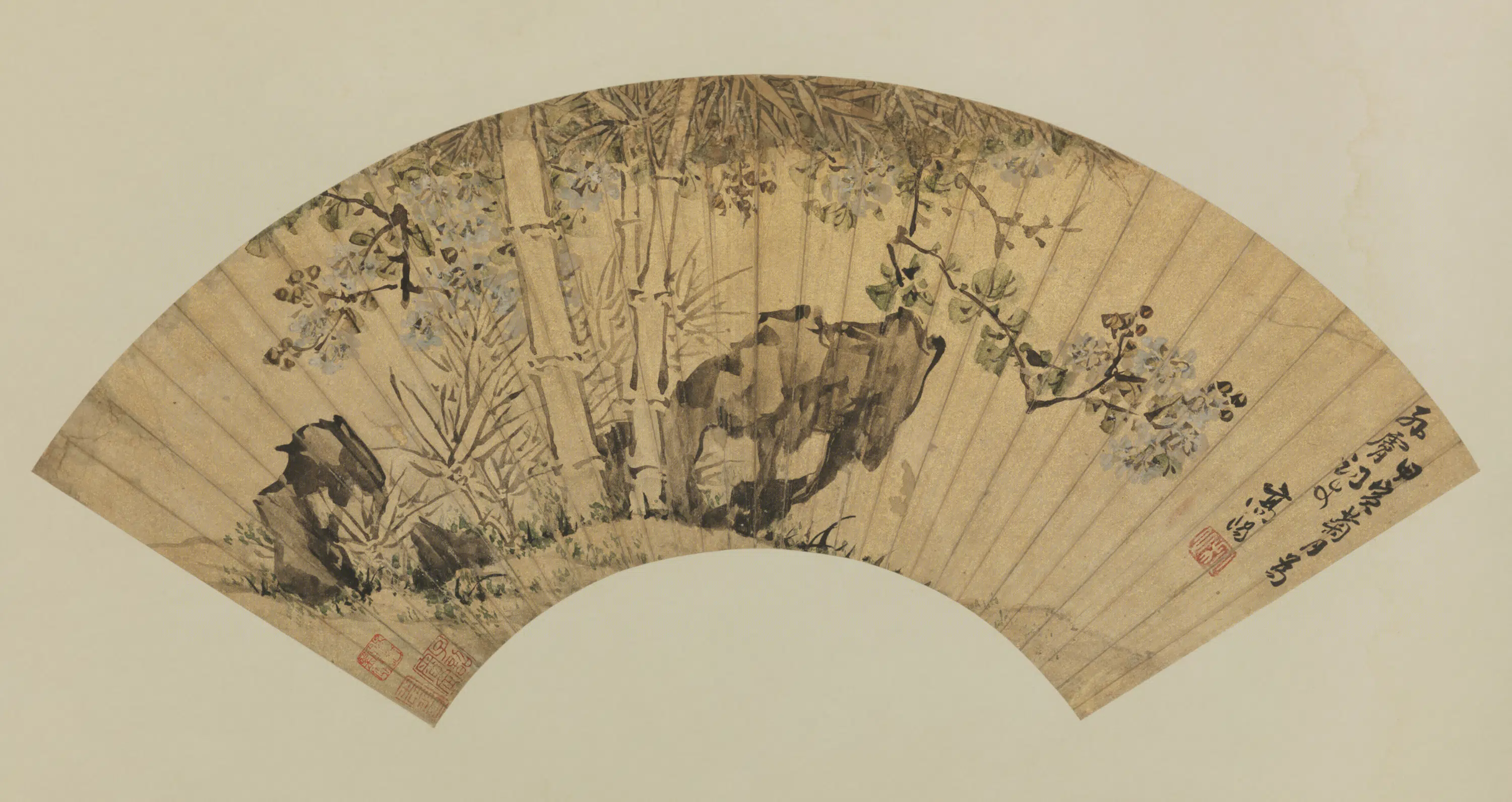 明朝【高阳】《花卉竹石扇页》 第1张