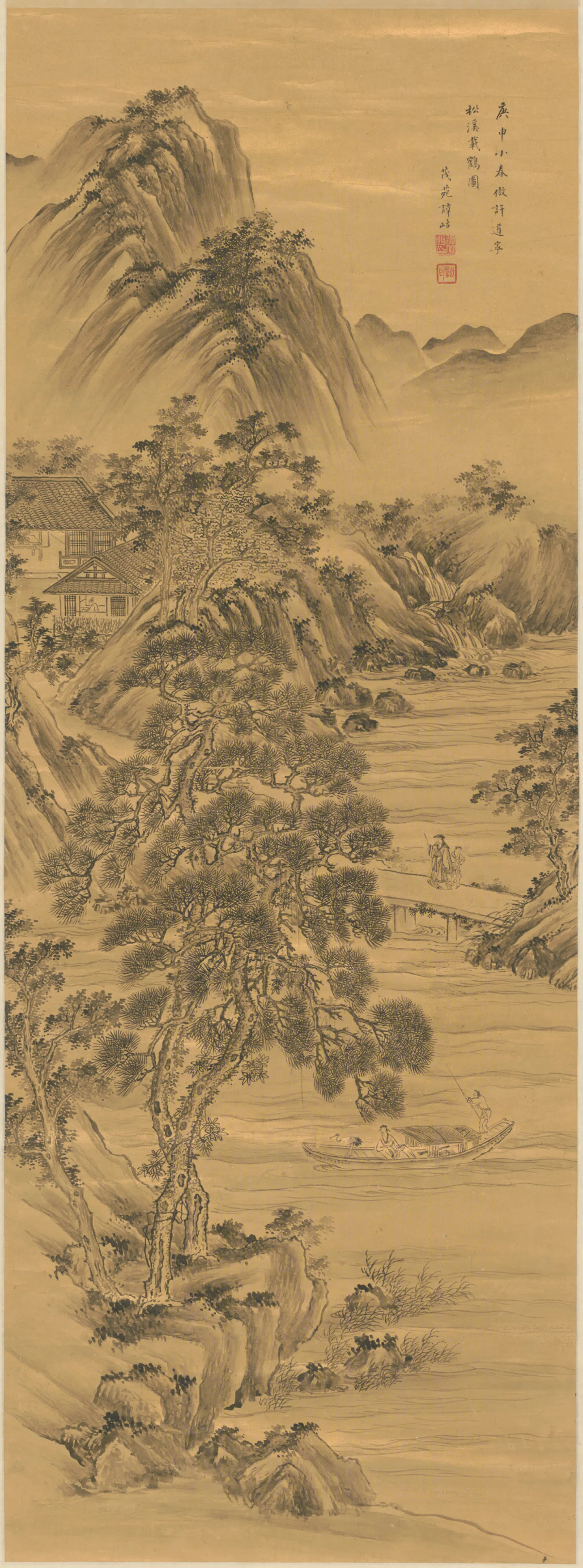 清代【谭岵】《松溪载鹤图轴》 第1张