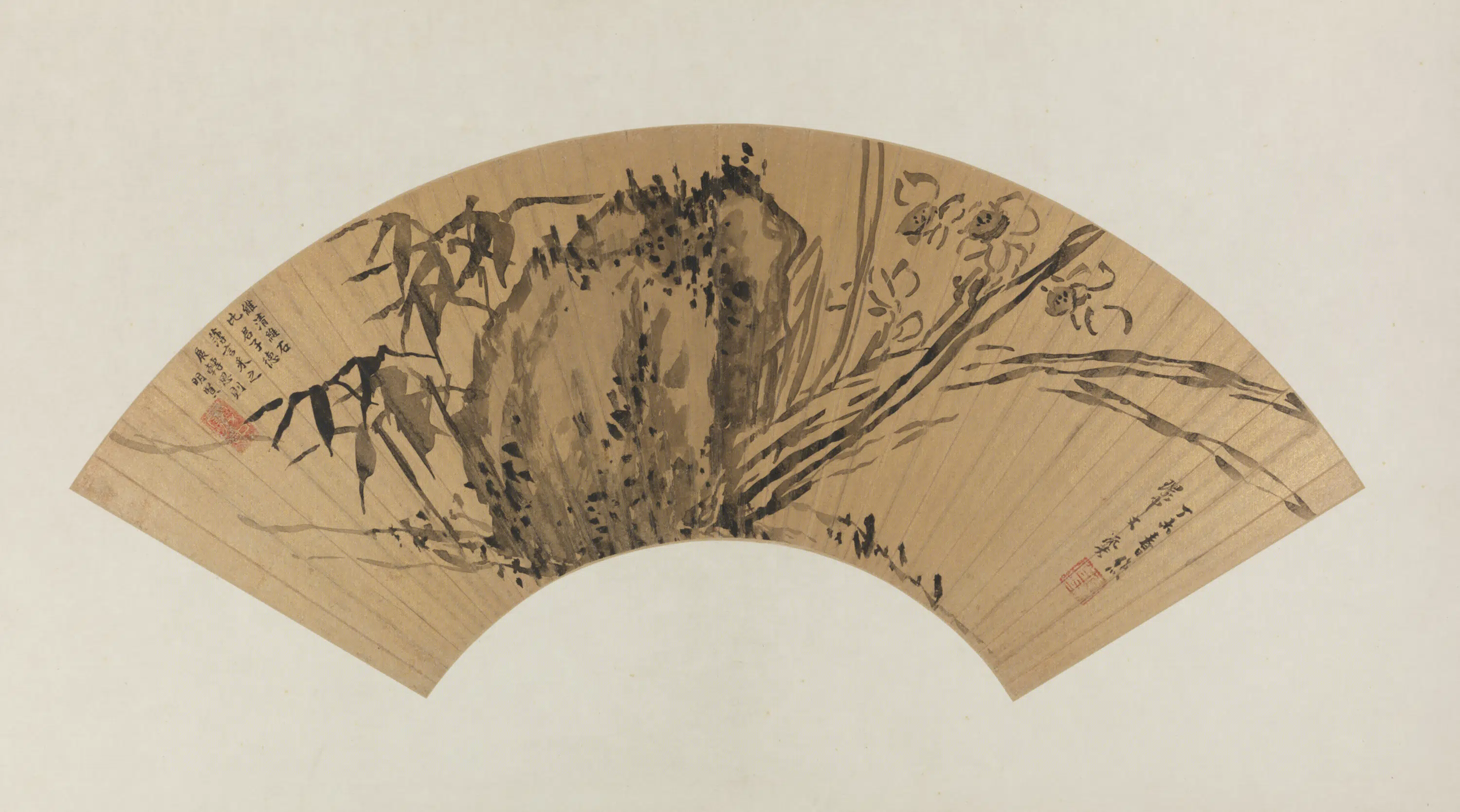 明朝【李流芳】《竹石水仙扇》