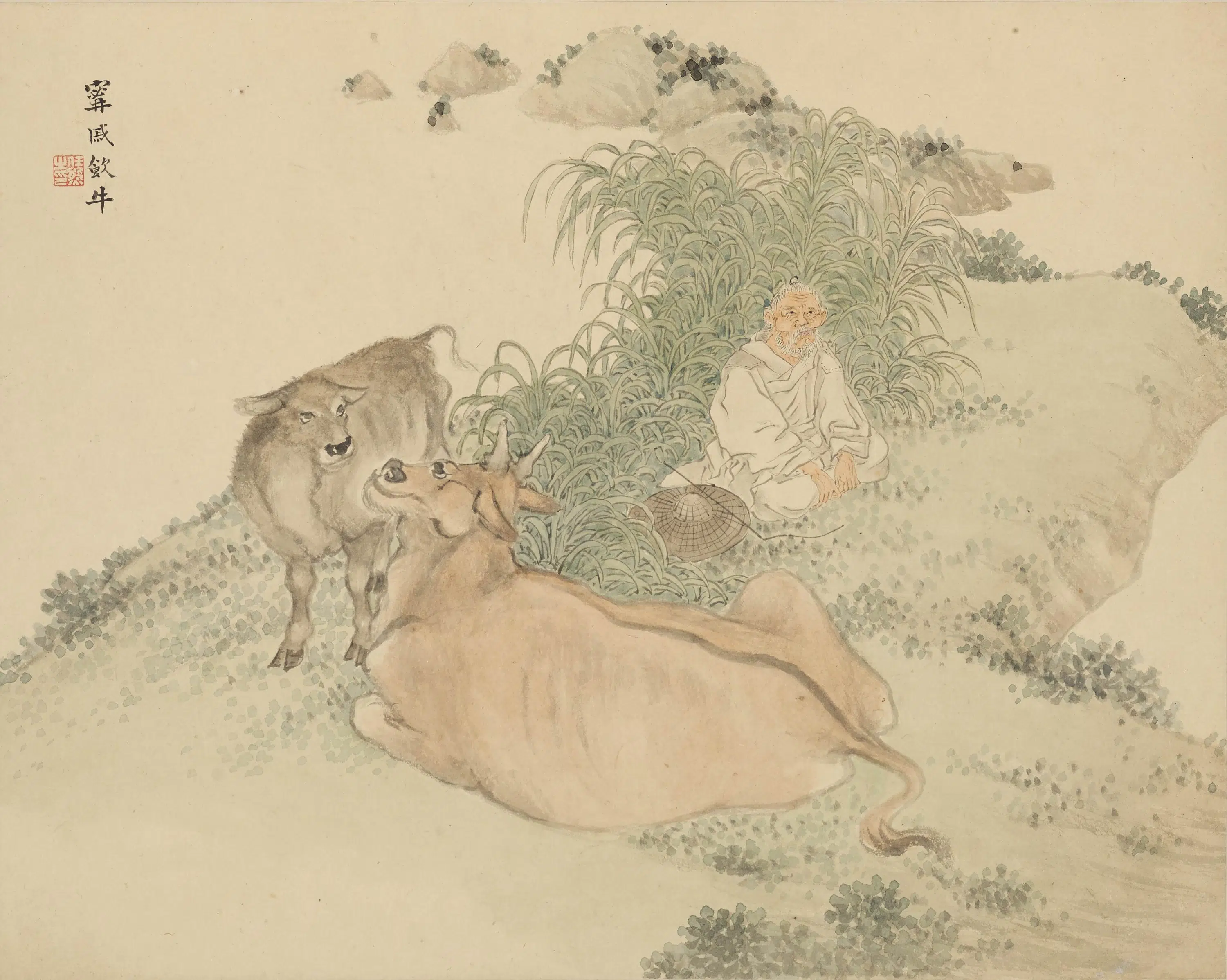 清代【任熊】《甯戚饭牛图页》