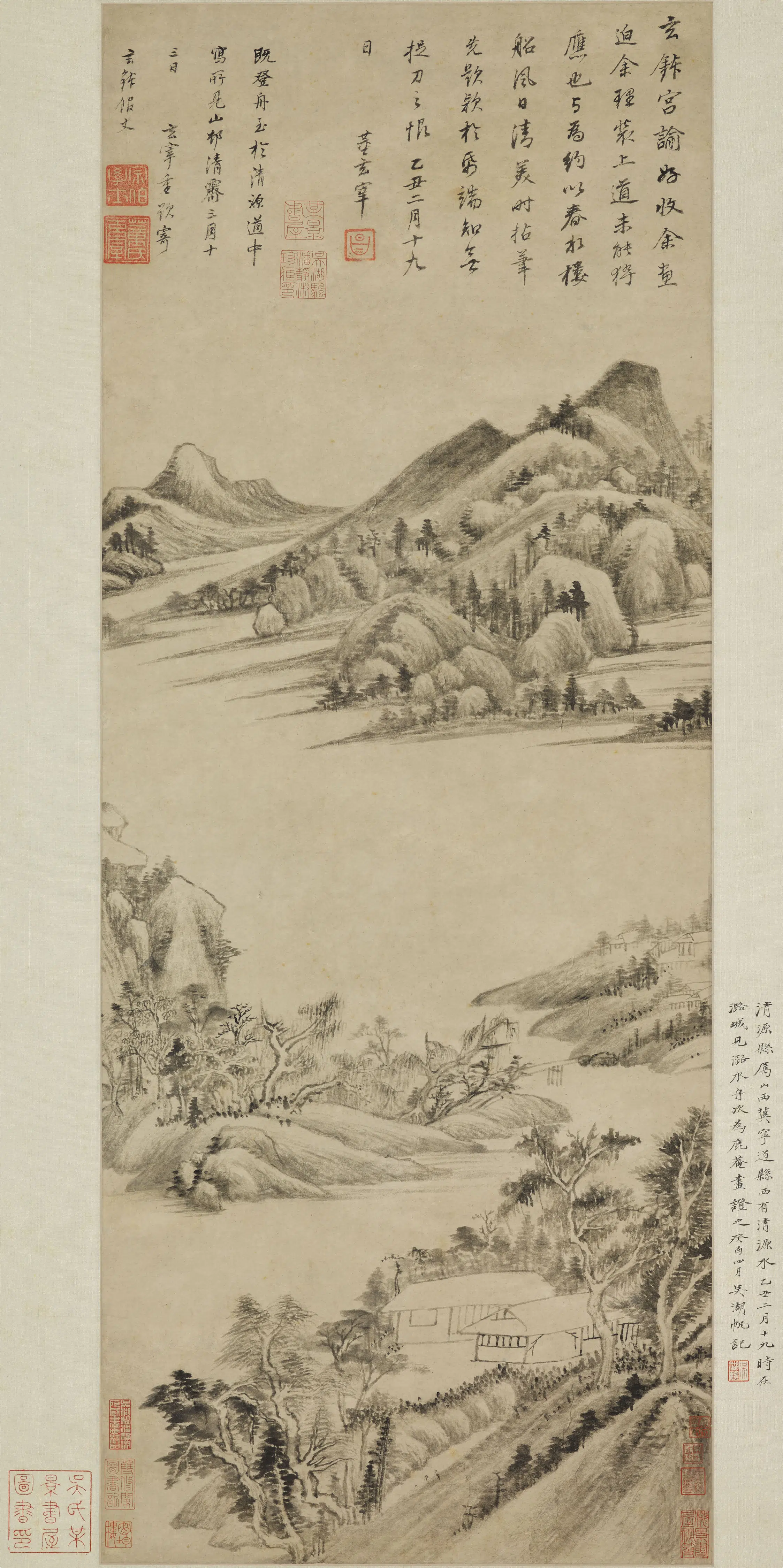 明朝【董其昌】《山村清霁图轴》