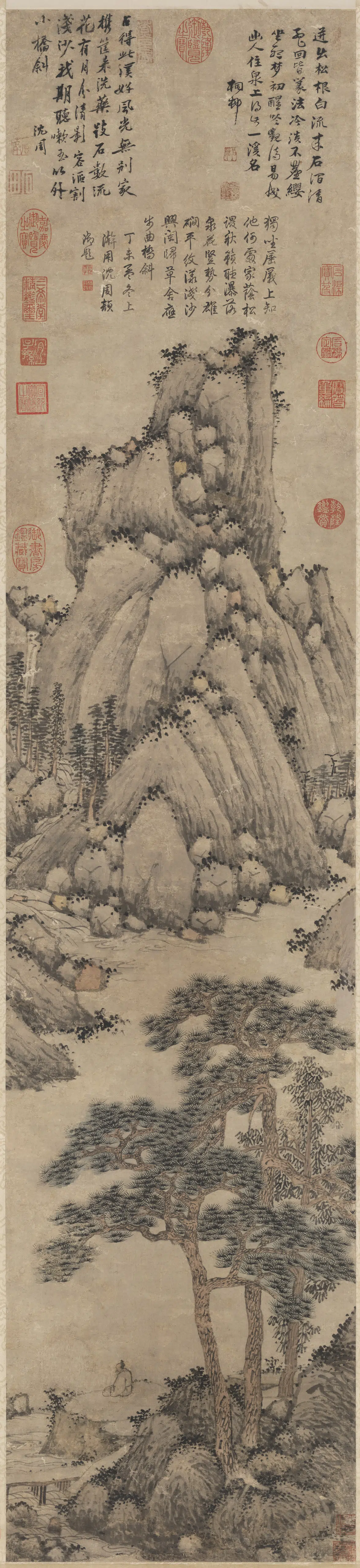 明朝【沈周】《画松岩听泉图轴》