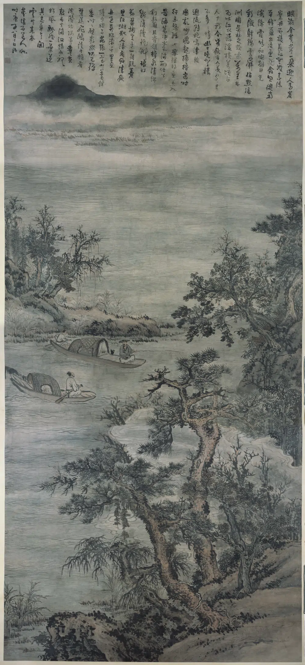 清代【髡残(石谿)】《秋江垂钓图轴》