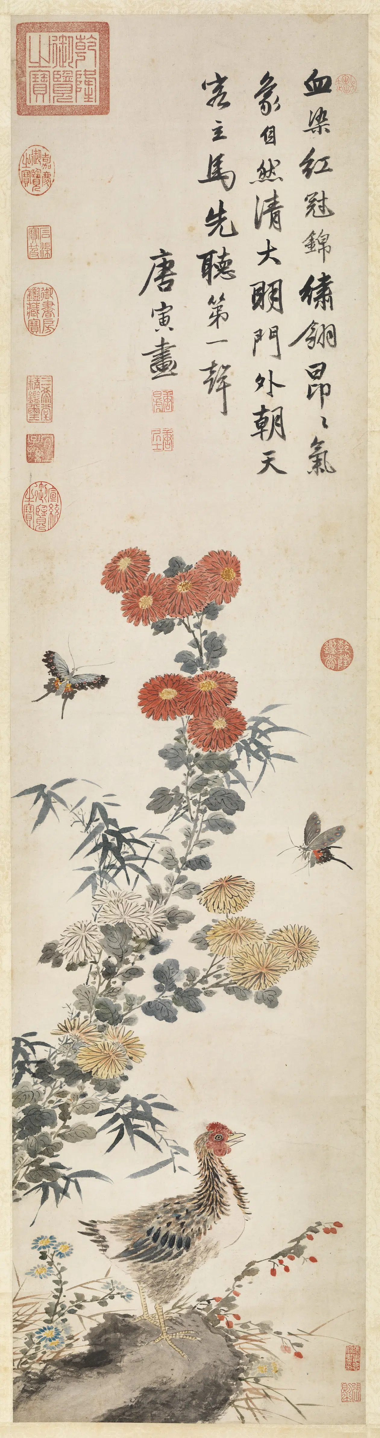 明朝【唐寅】《画鸡真迹图轴》
