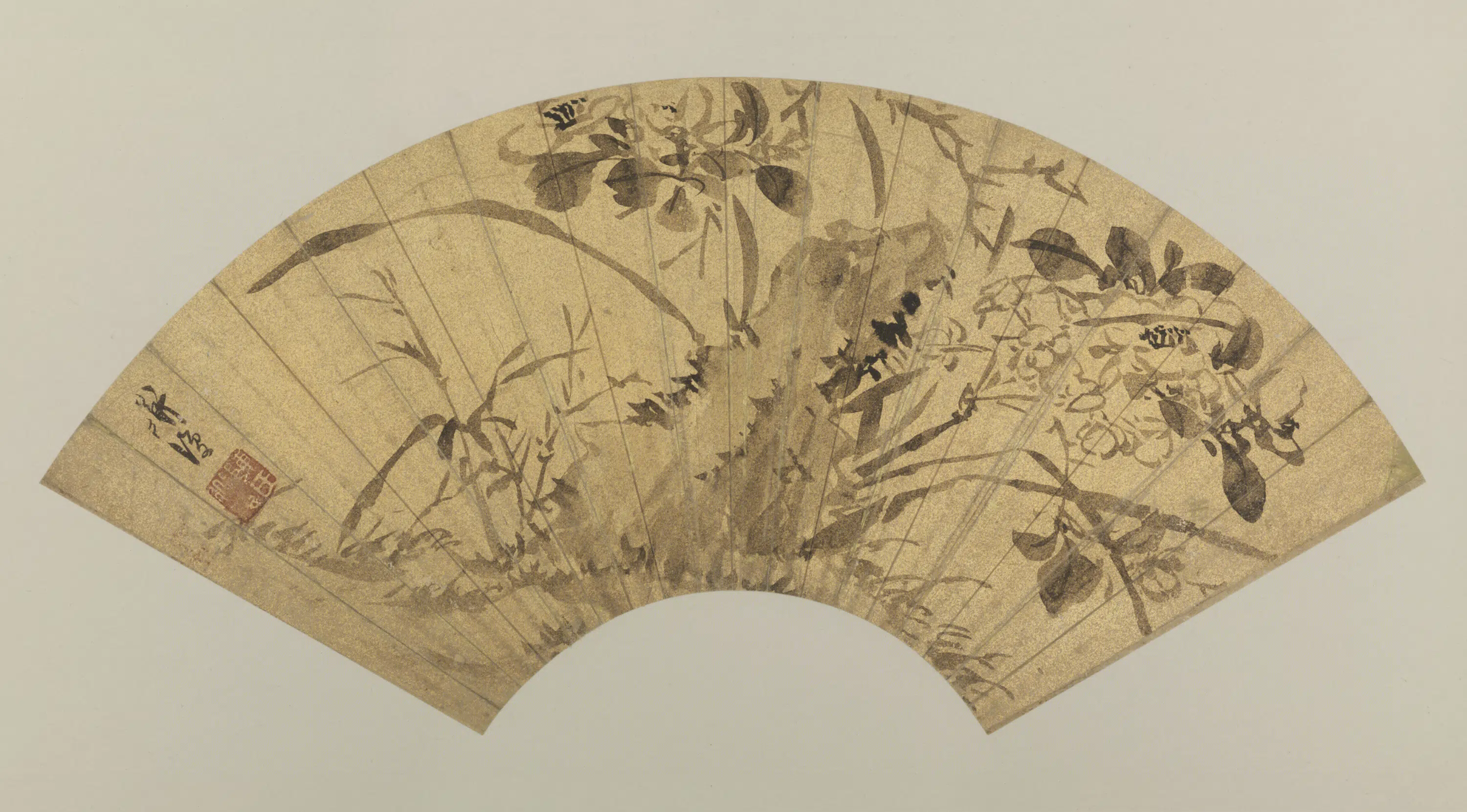 明朝【陈淳（道复）】《花卉竹石扇页》