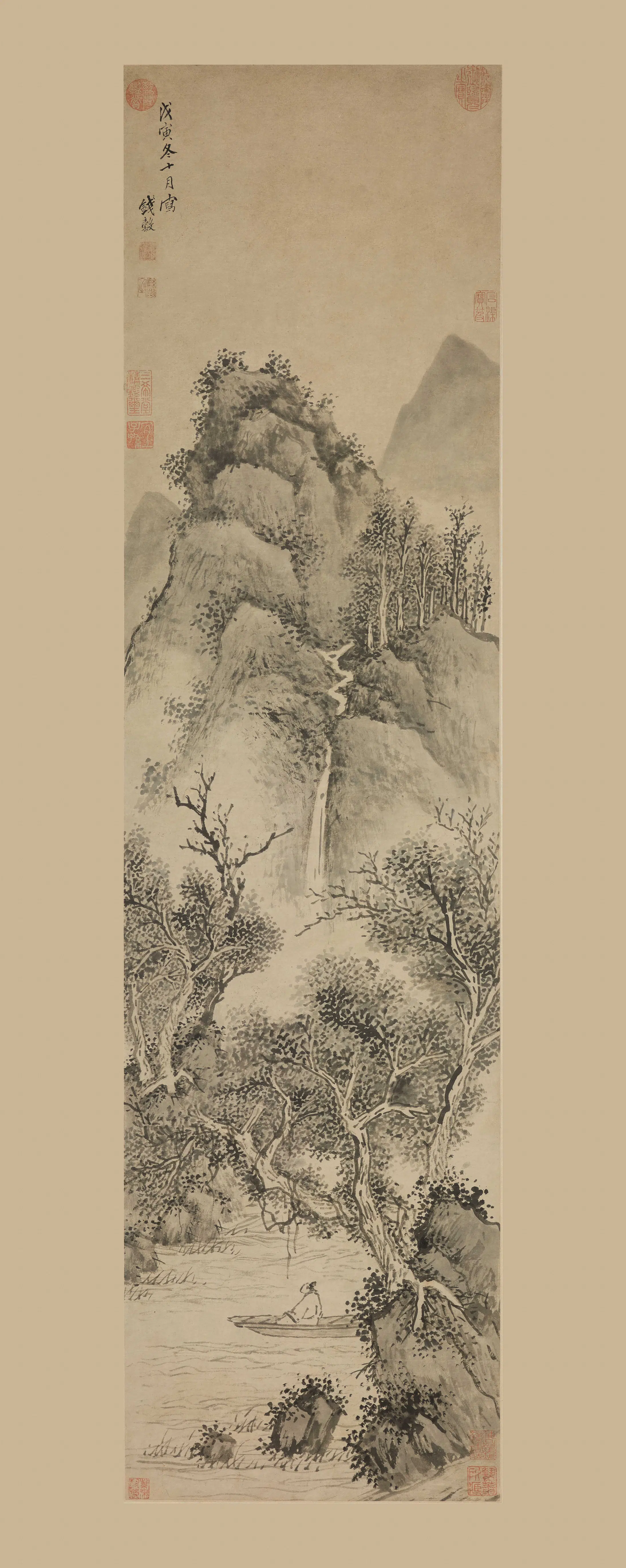 明朝【钱穀（谷）】《停舟闲眺图轴》