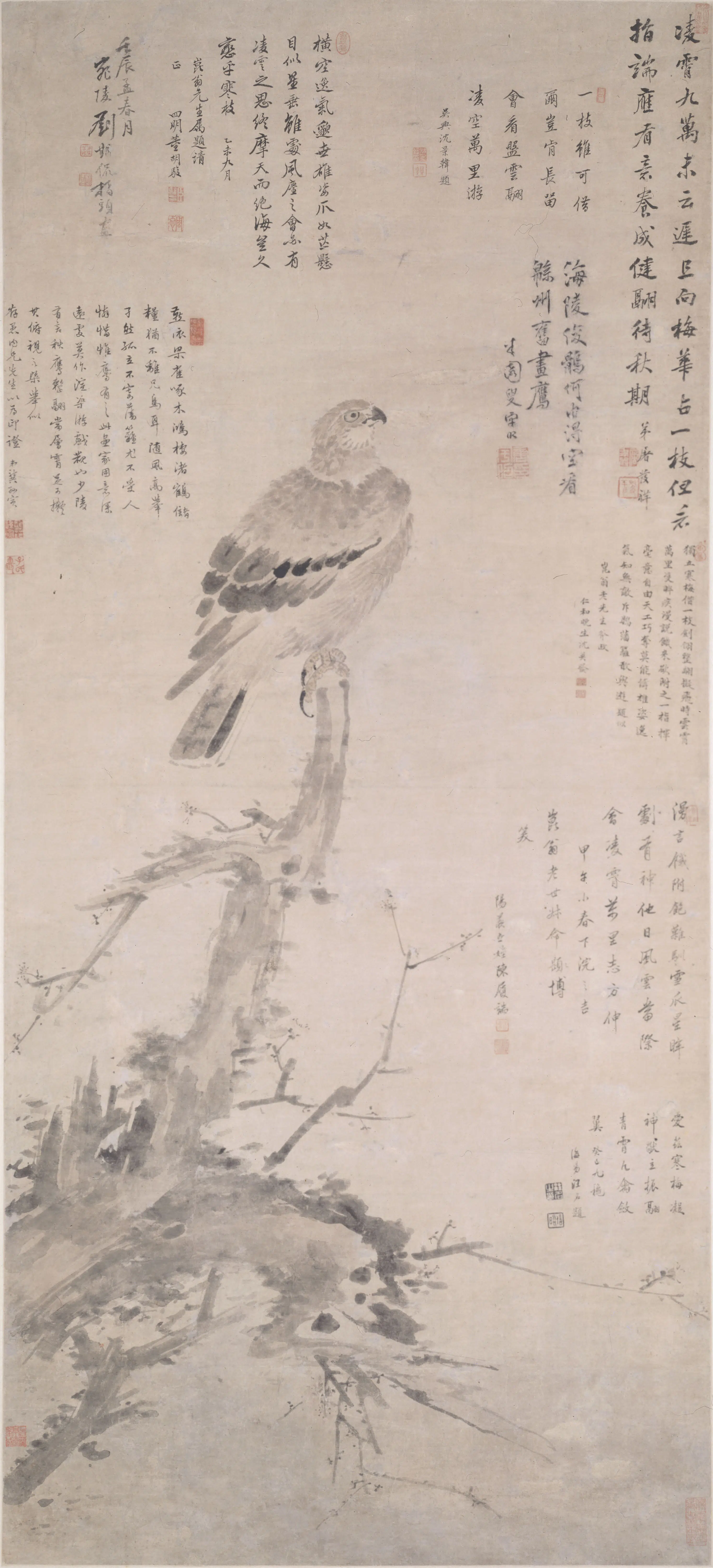 清代【刘期侃】《指画梅鹰图轴》