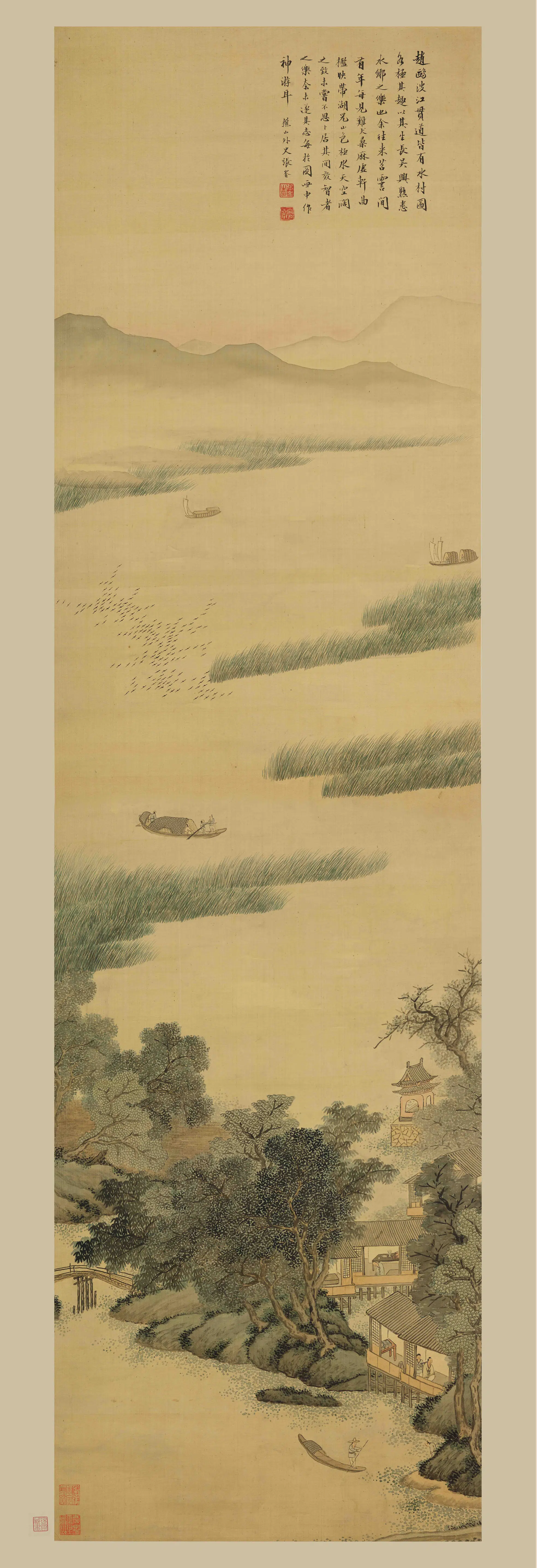 清代【张崟】《水村图轴》