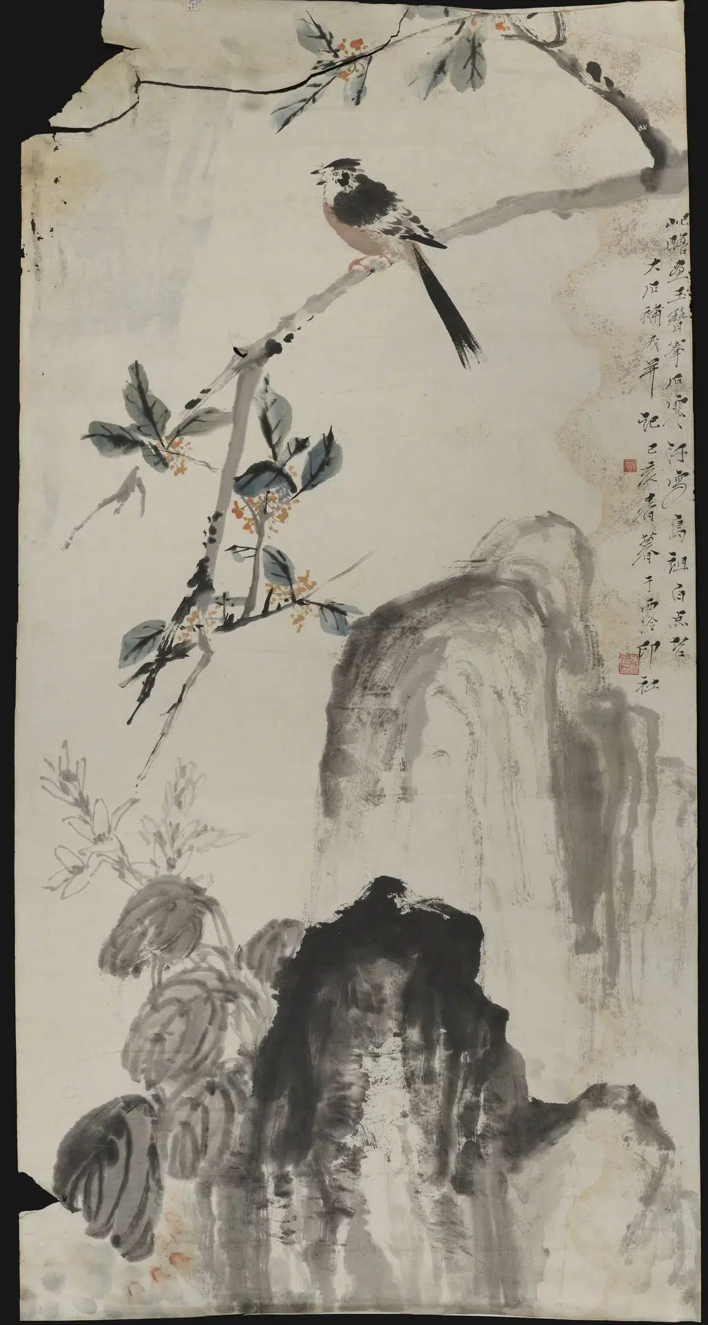近现代【唐云】《朱屺瞻江寒汀等合作花鸟轴》
