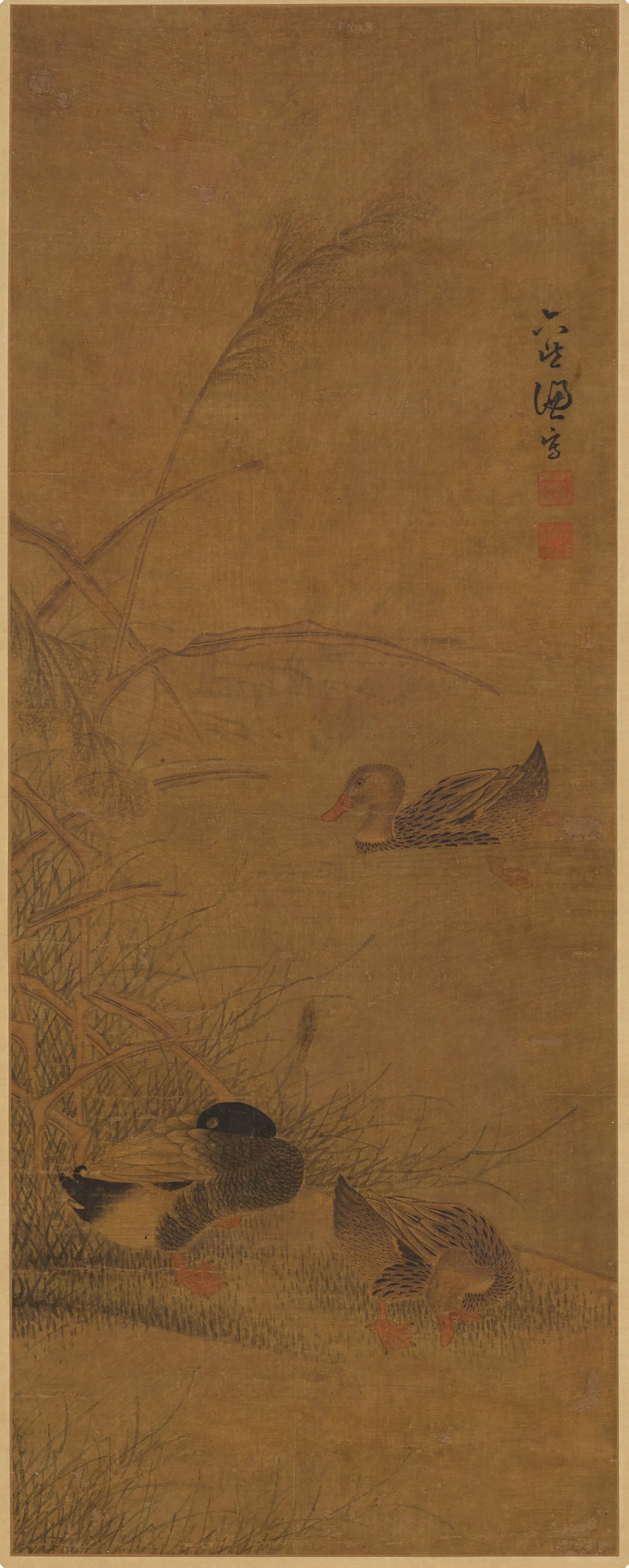 清代【周鸣谦】《芦鸭图轴》