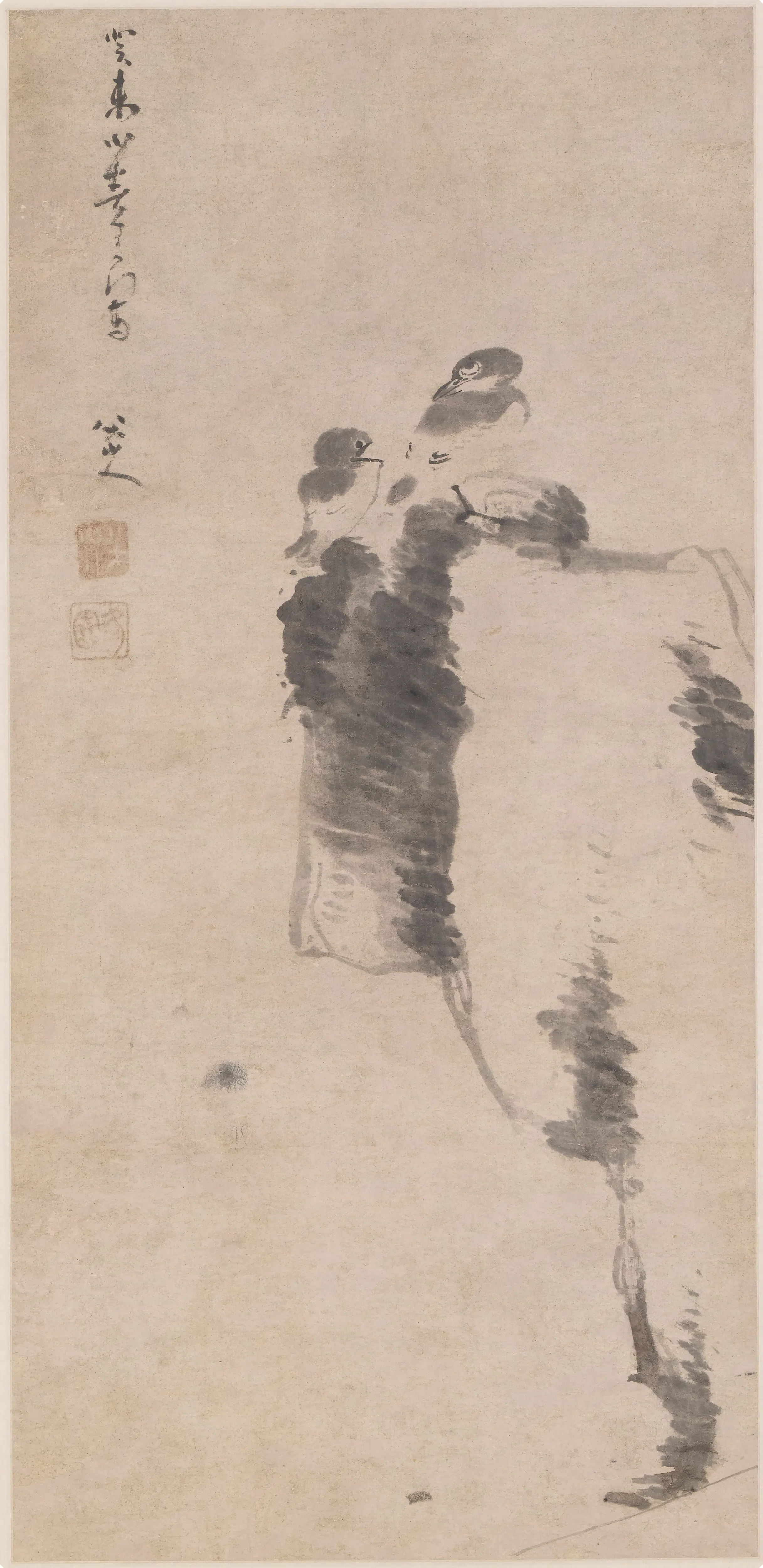 清代【朱耷】《踞石双鸟图轴》