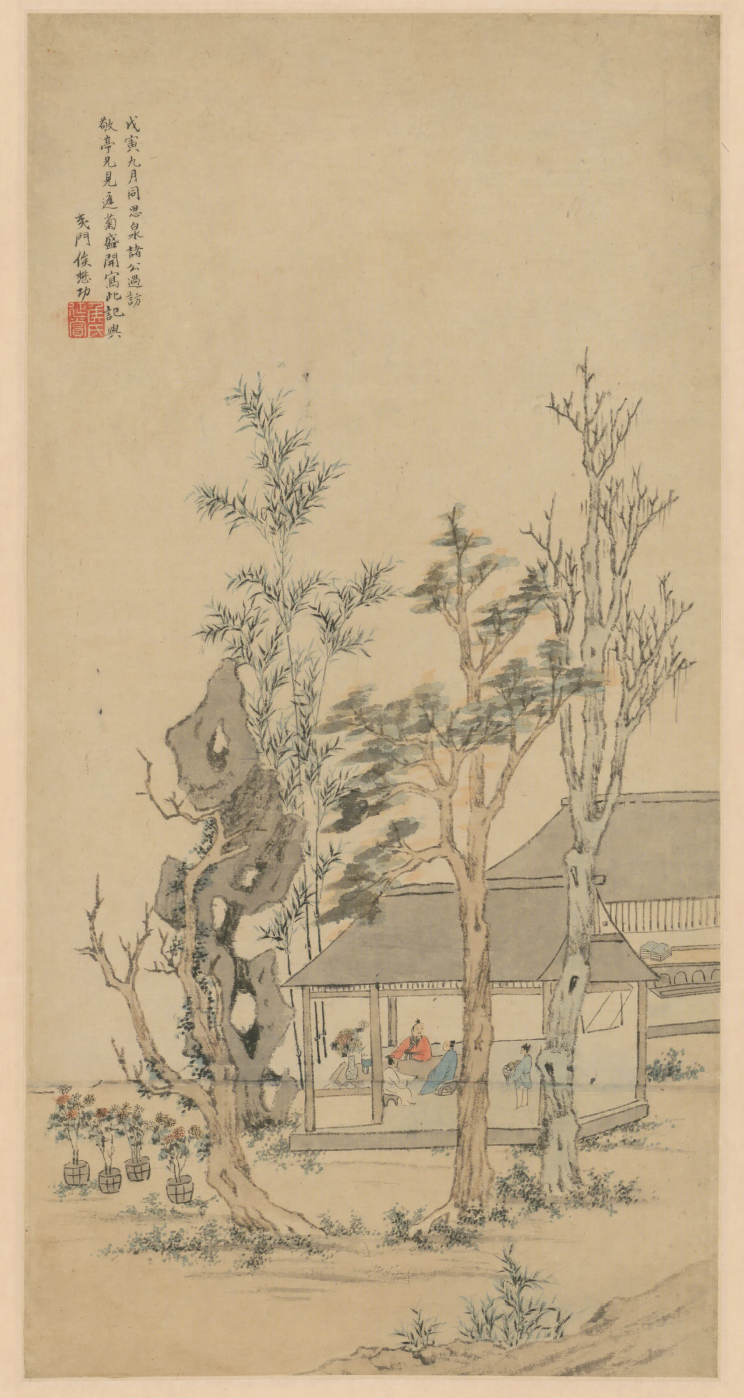 明朝【侯懋功】《为敬亭作赏菊图轴》