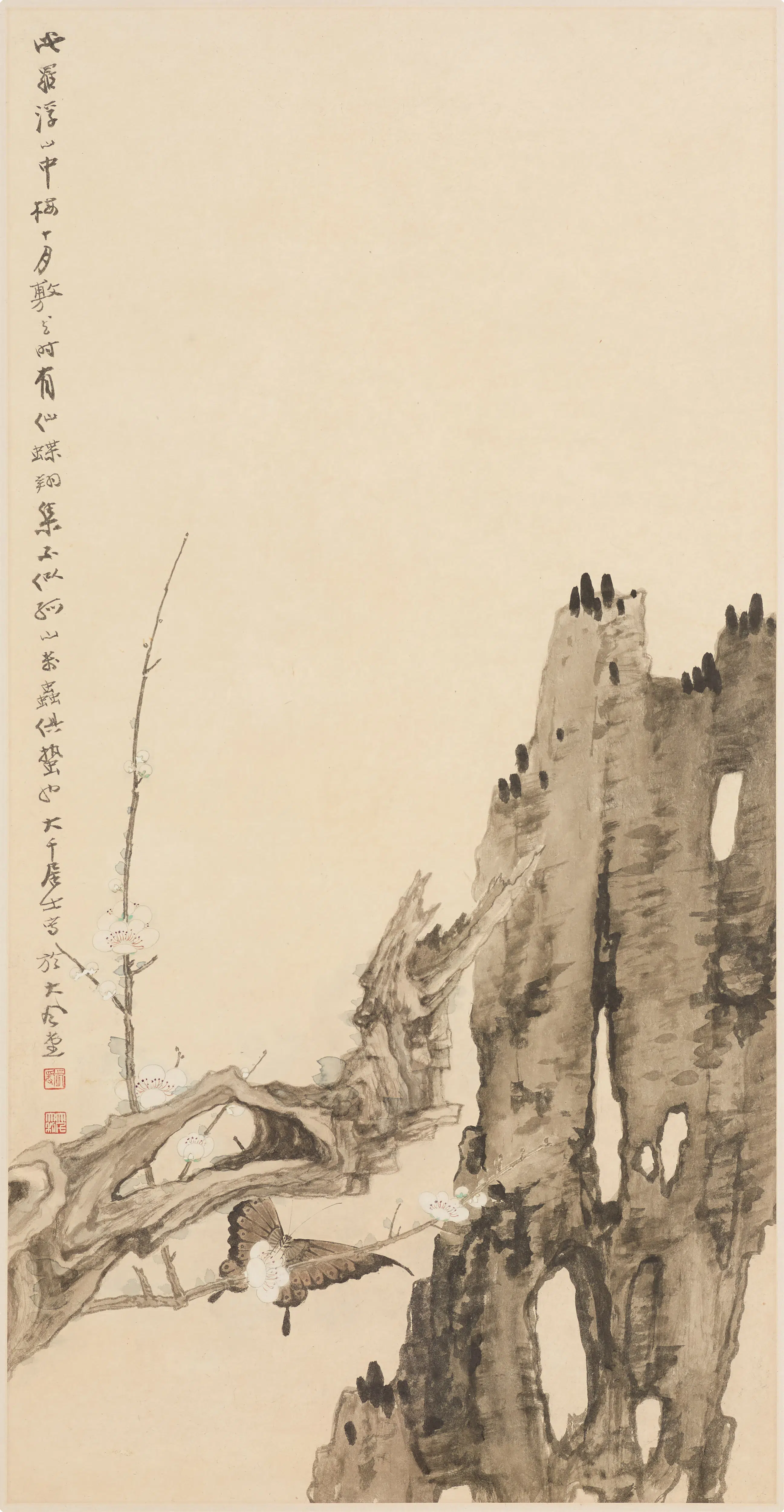 近现代【张大千】《十月梅蝶图轴》