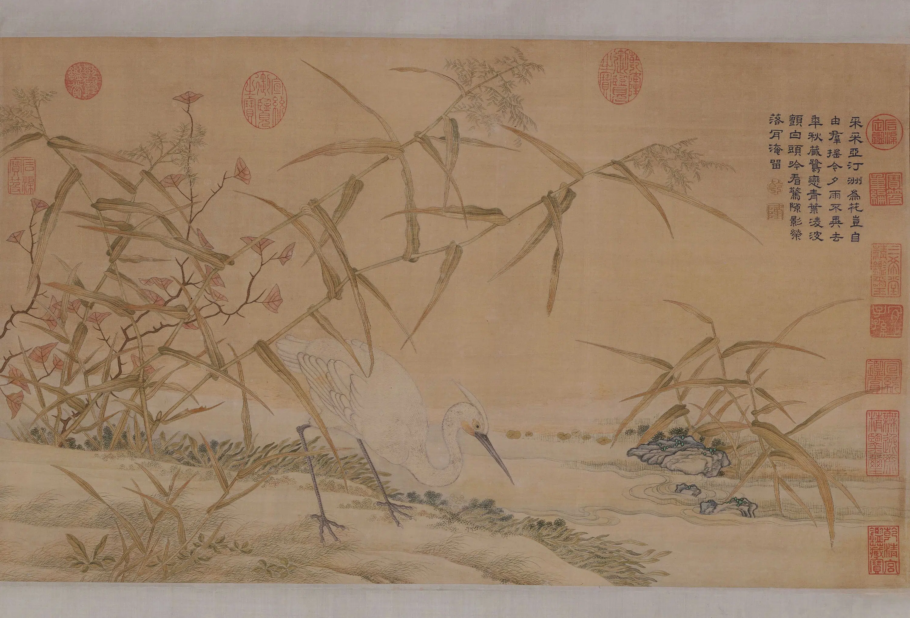 清代【爱新觉罗弘历-乾隆-清高宗】《缂丝御制诗鹭立芦汀图轴》