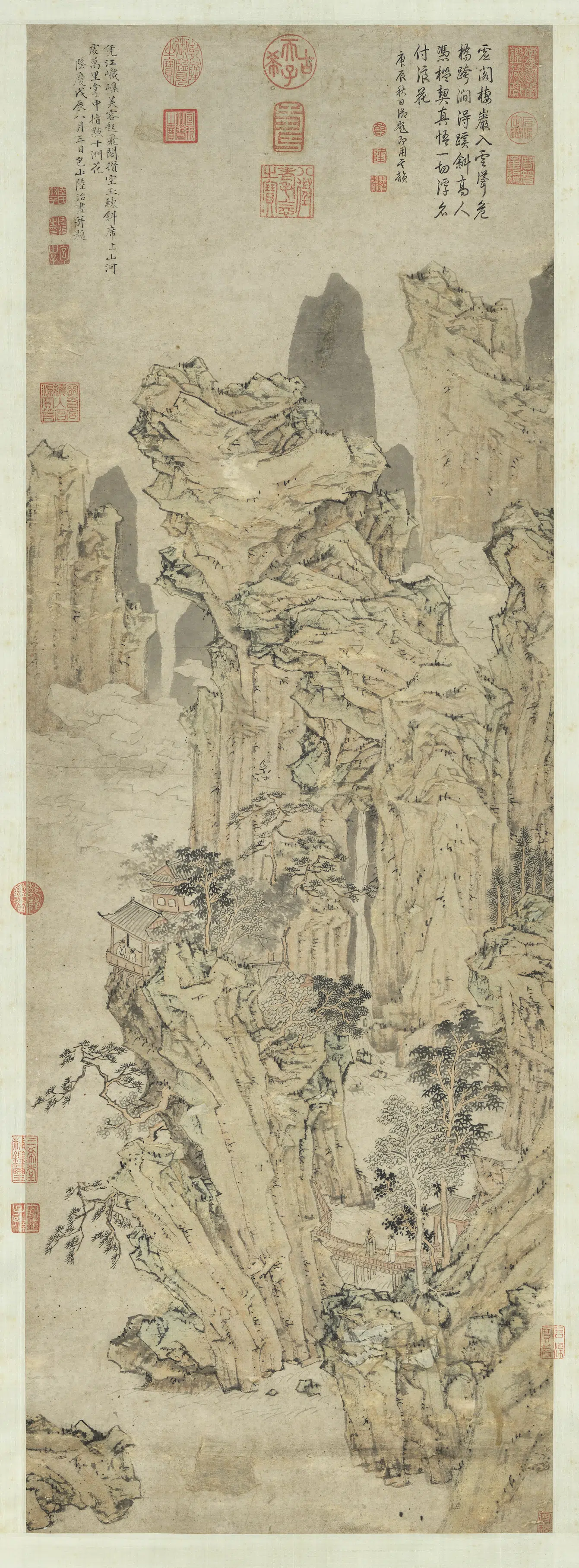 明代【陆治】《飞阁凭江图轴》