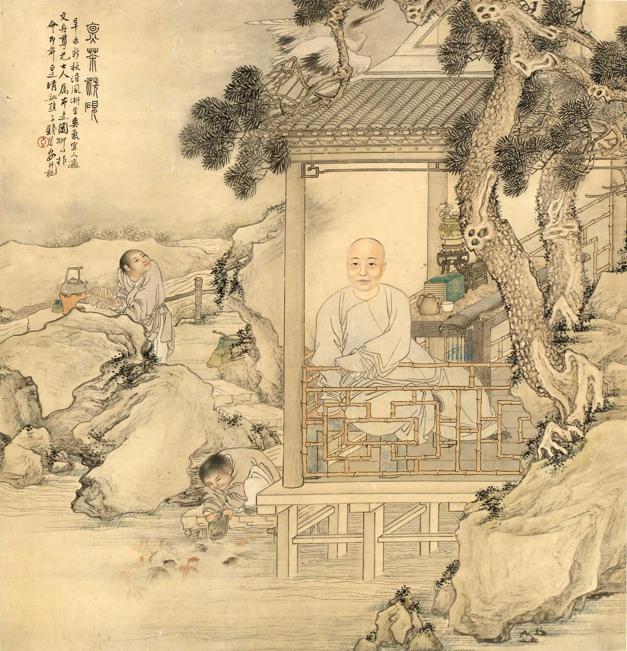 清代【钱慧安】《煮茶洗砚图轴》