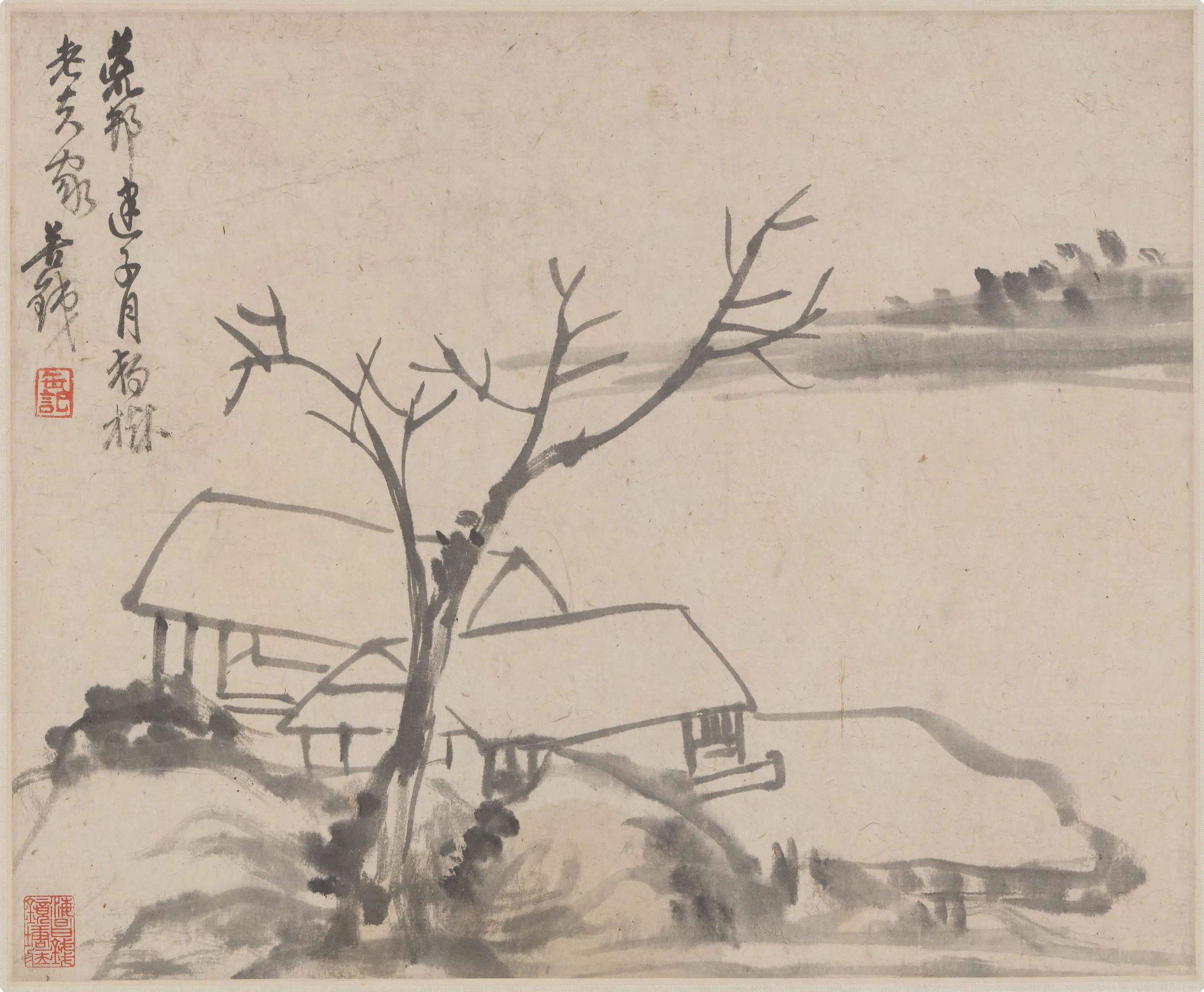 清代【吴昌硕】《荒村独树图轴》