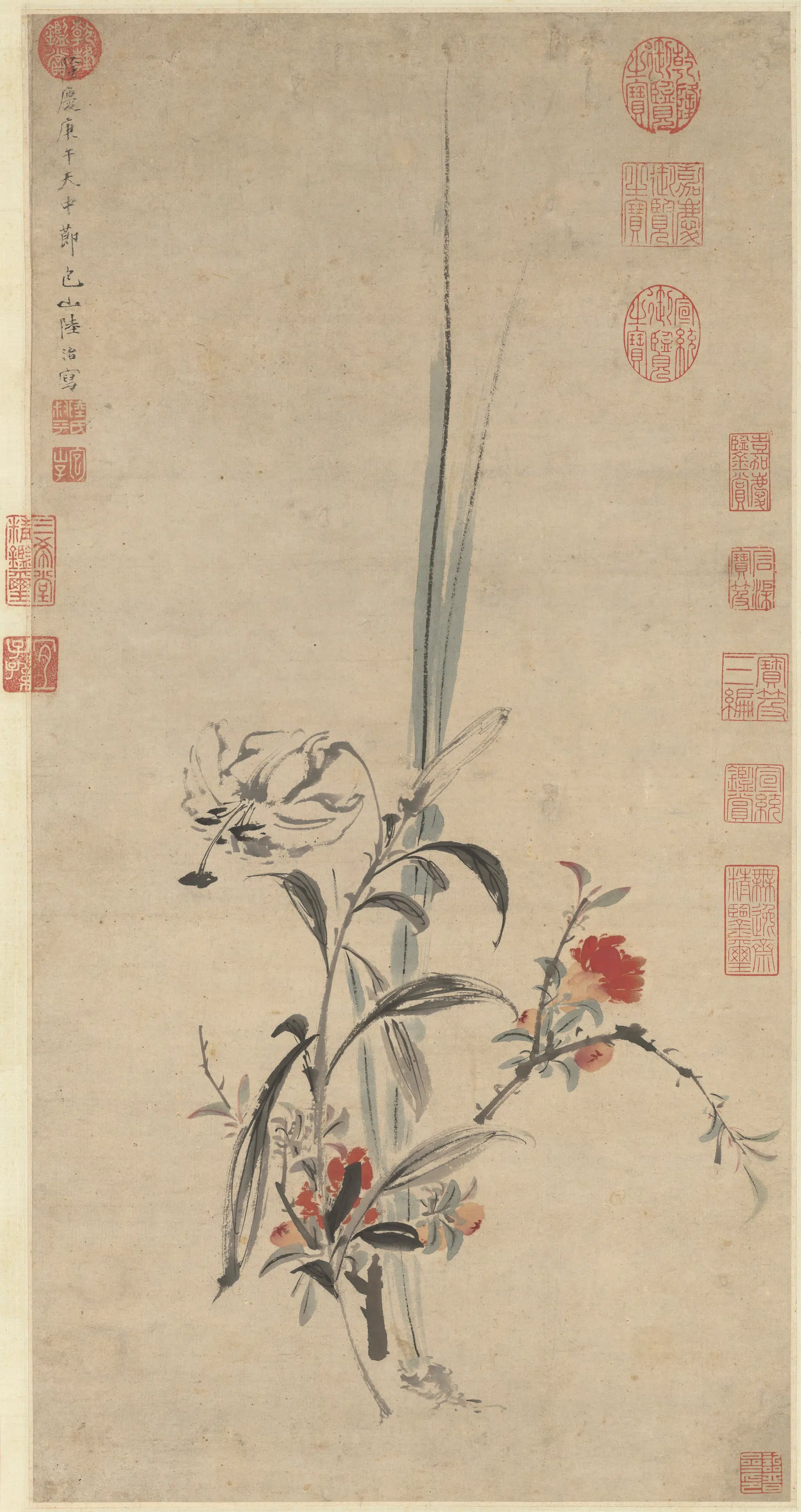 明代【陆治】《画榴花小景图轴》