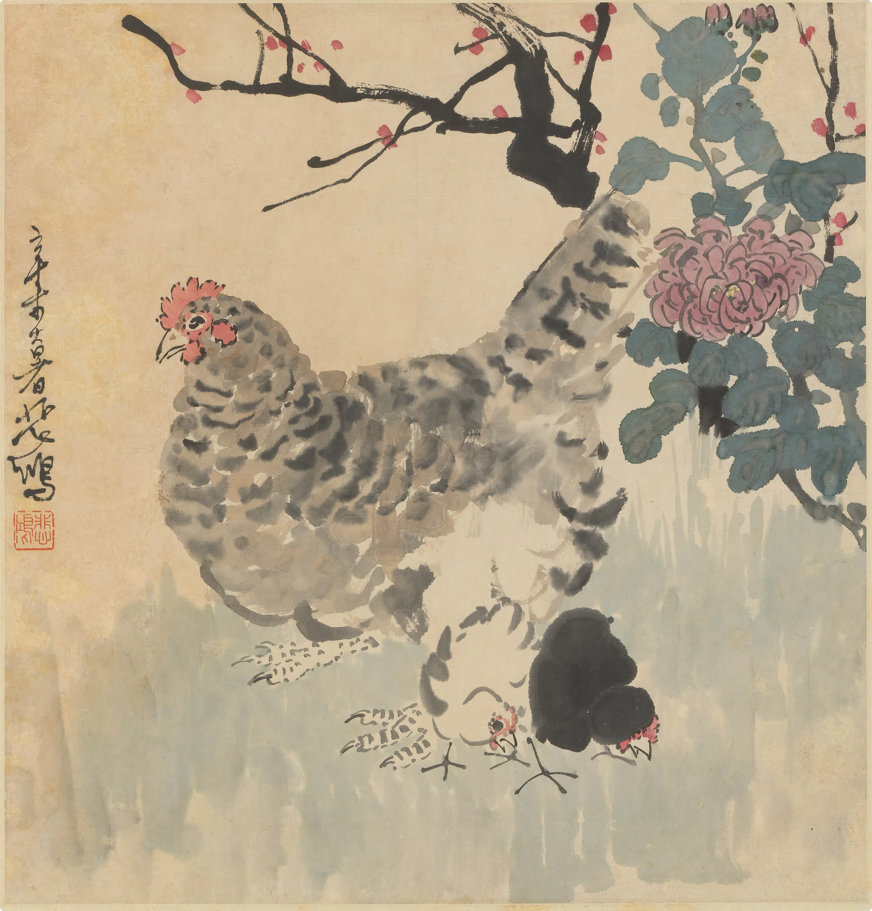近现代【徐悲鸿】《鸡菊图轴》