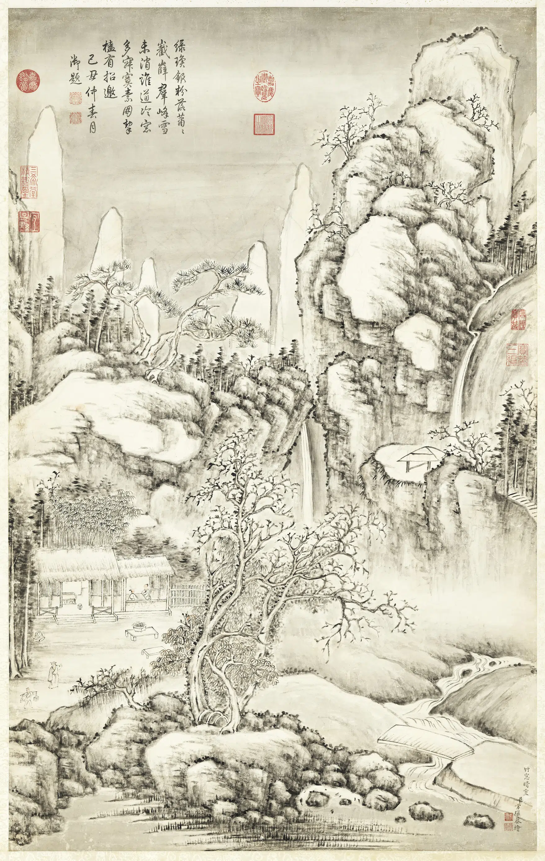 清代【方琮】《竹窗晴雪高宗御题图轴》