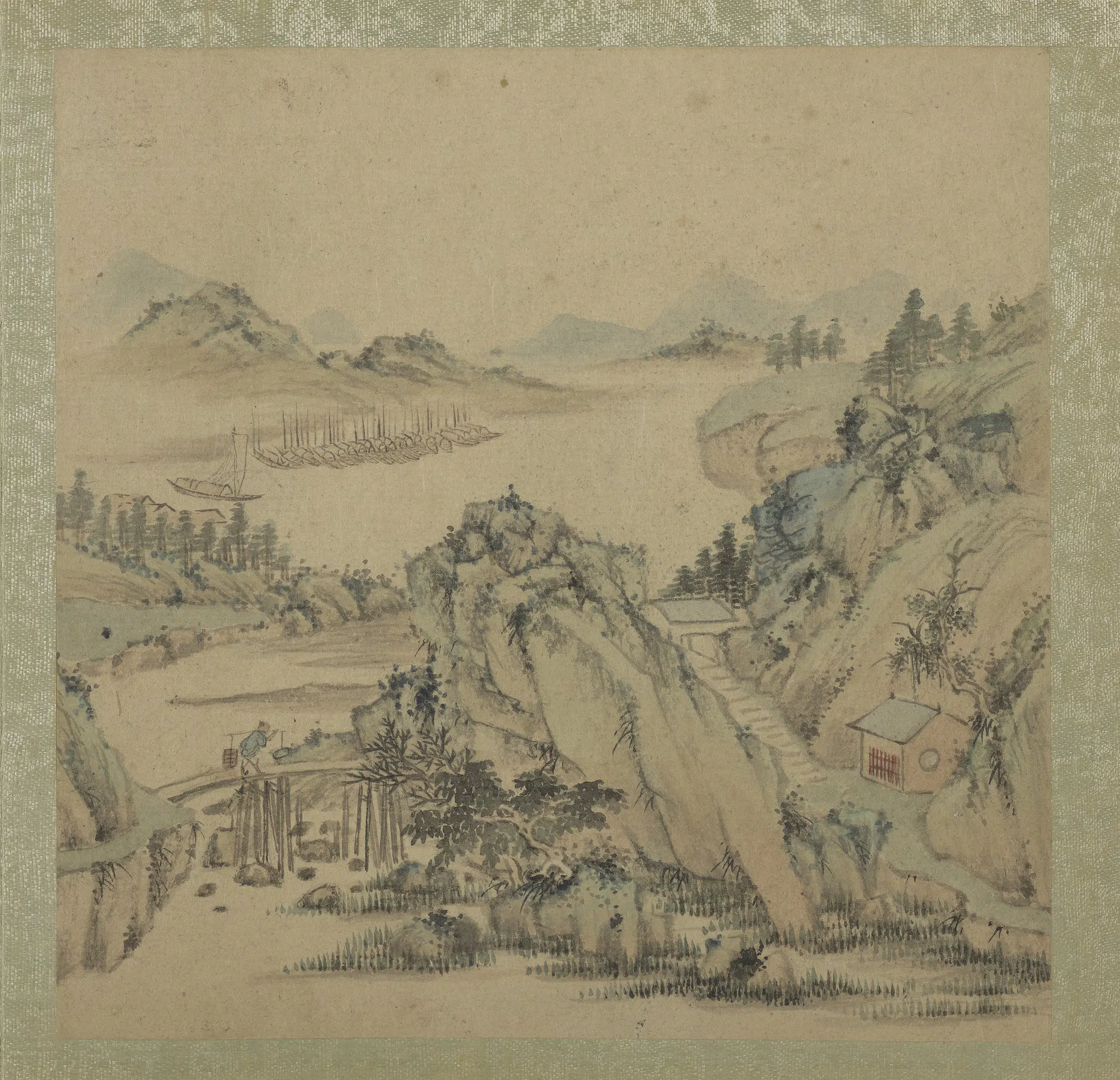 清代【王翚】《拟古山水画册-负担渡桥》