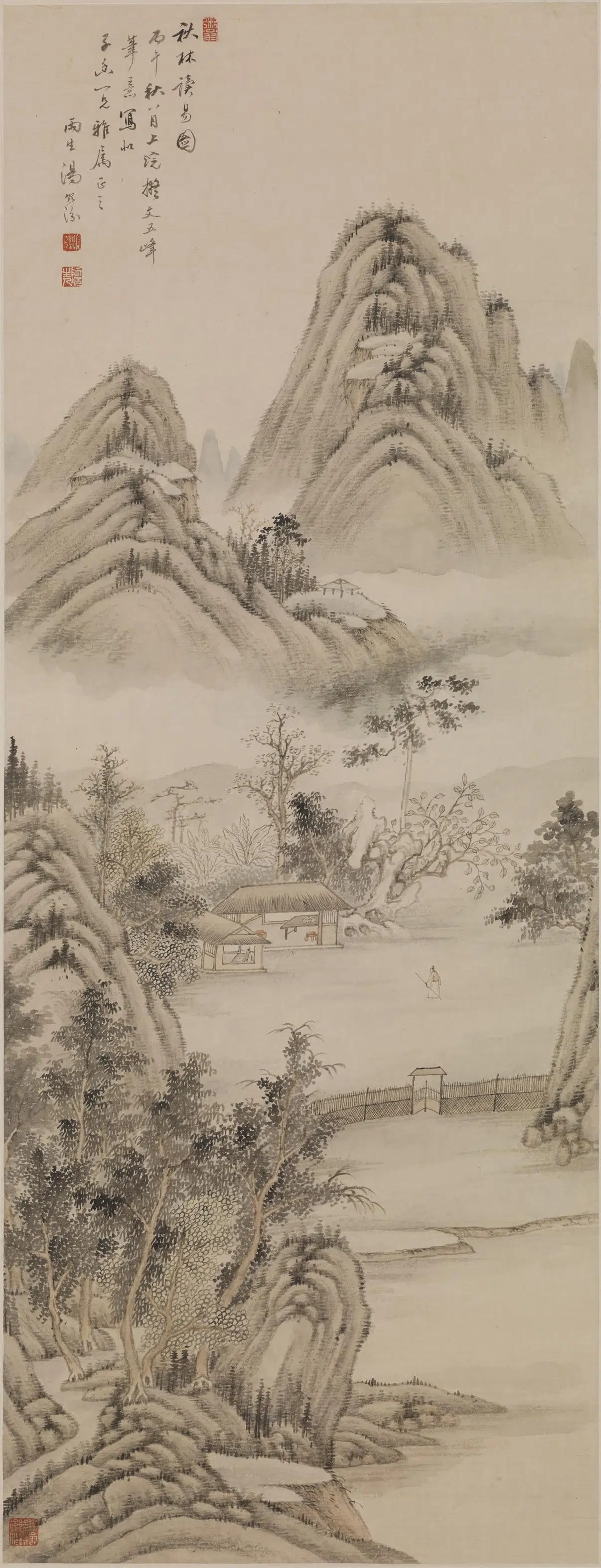 清代【汤贻汾】《秋林读易图轴》