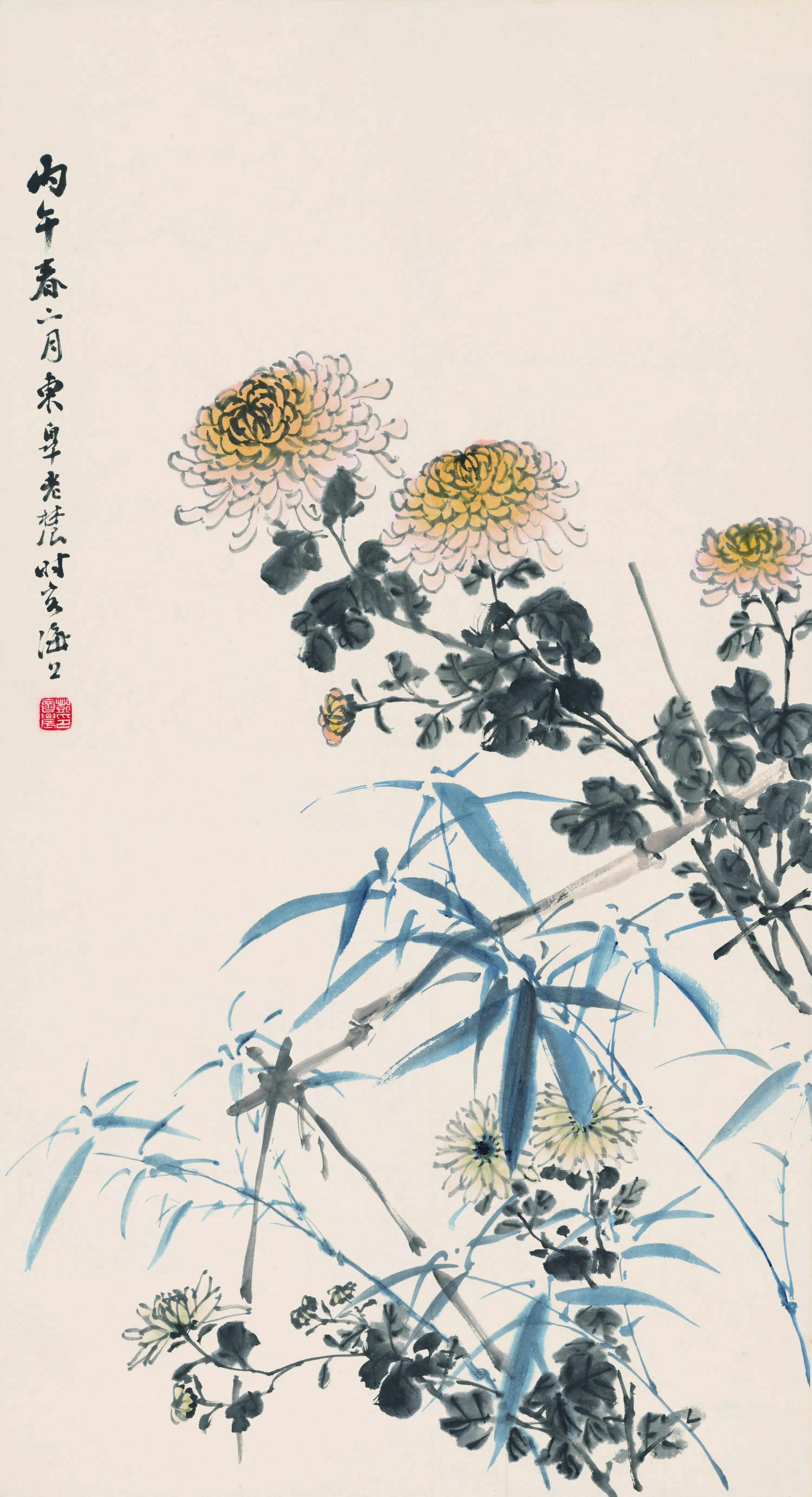 近现代【邓怀农】《凤竹秋菊图轴-2》