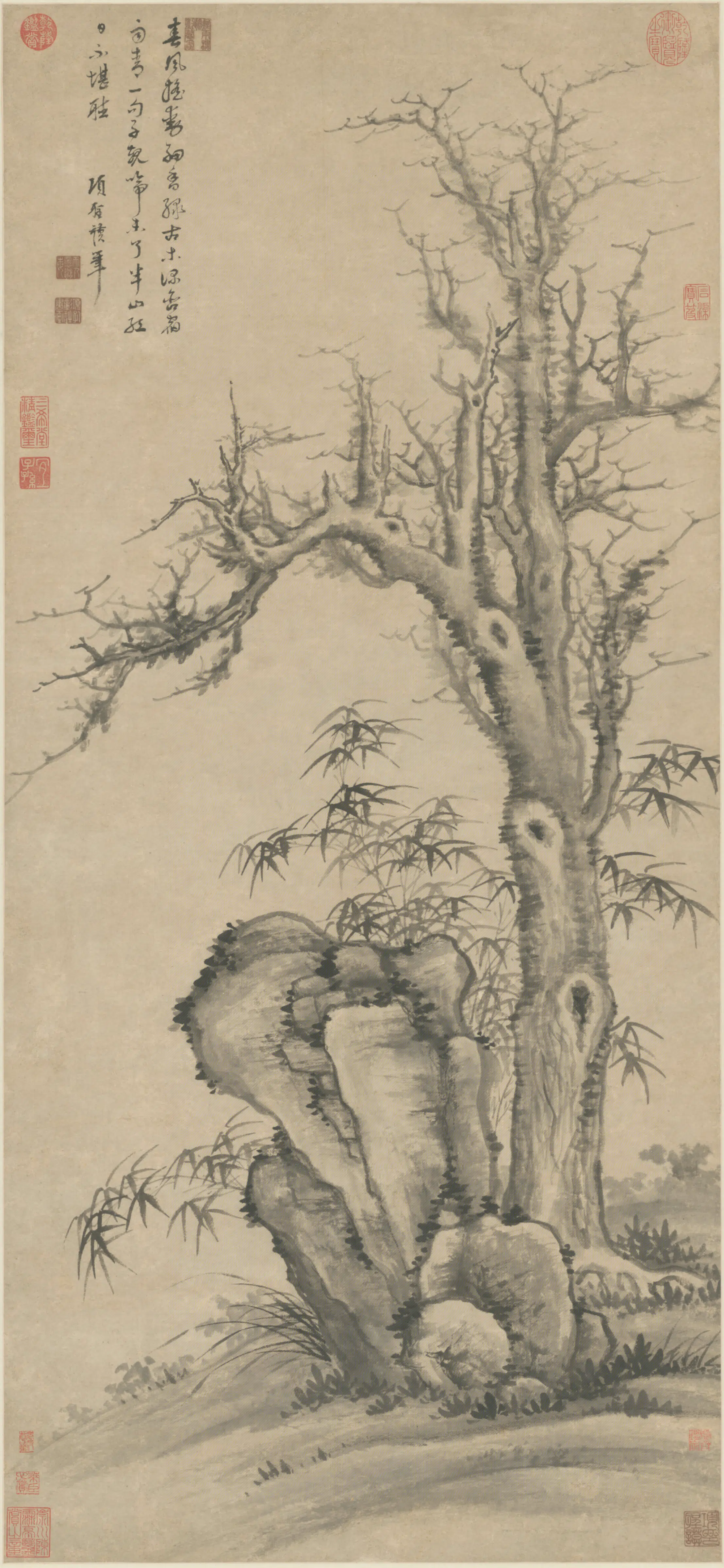 明朝【项圣谟】《古木竹石轴》