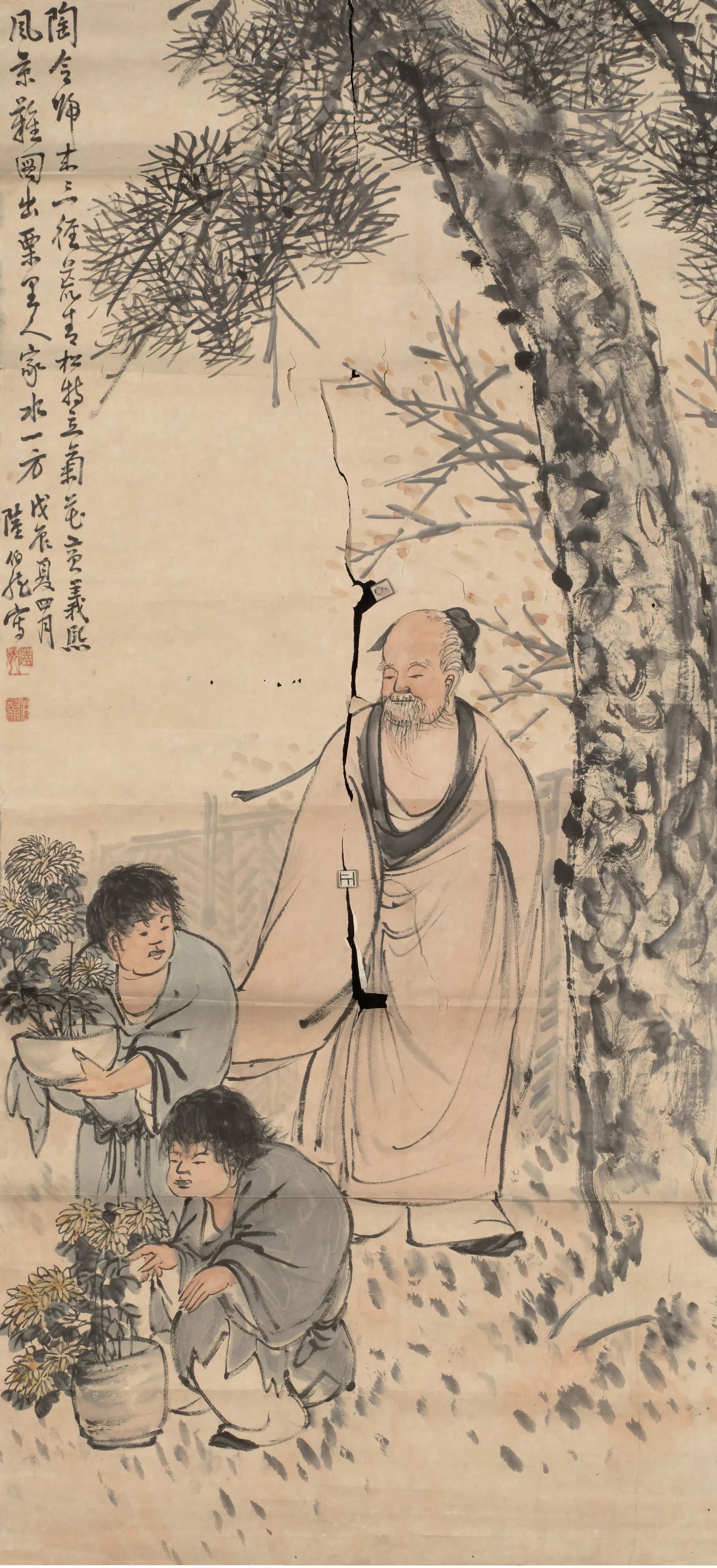 清代【陆乾（陆伯龙）】《陶令赏菊图轴》