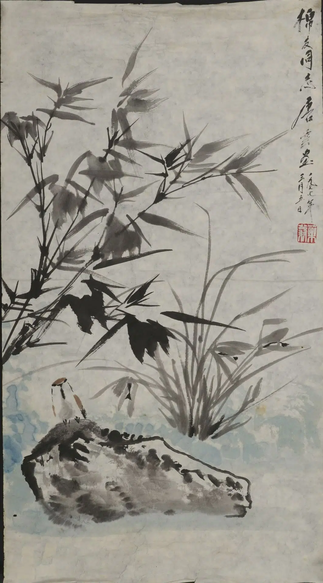 近现代【唐云】《设色兰竹麻雀直幅》