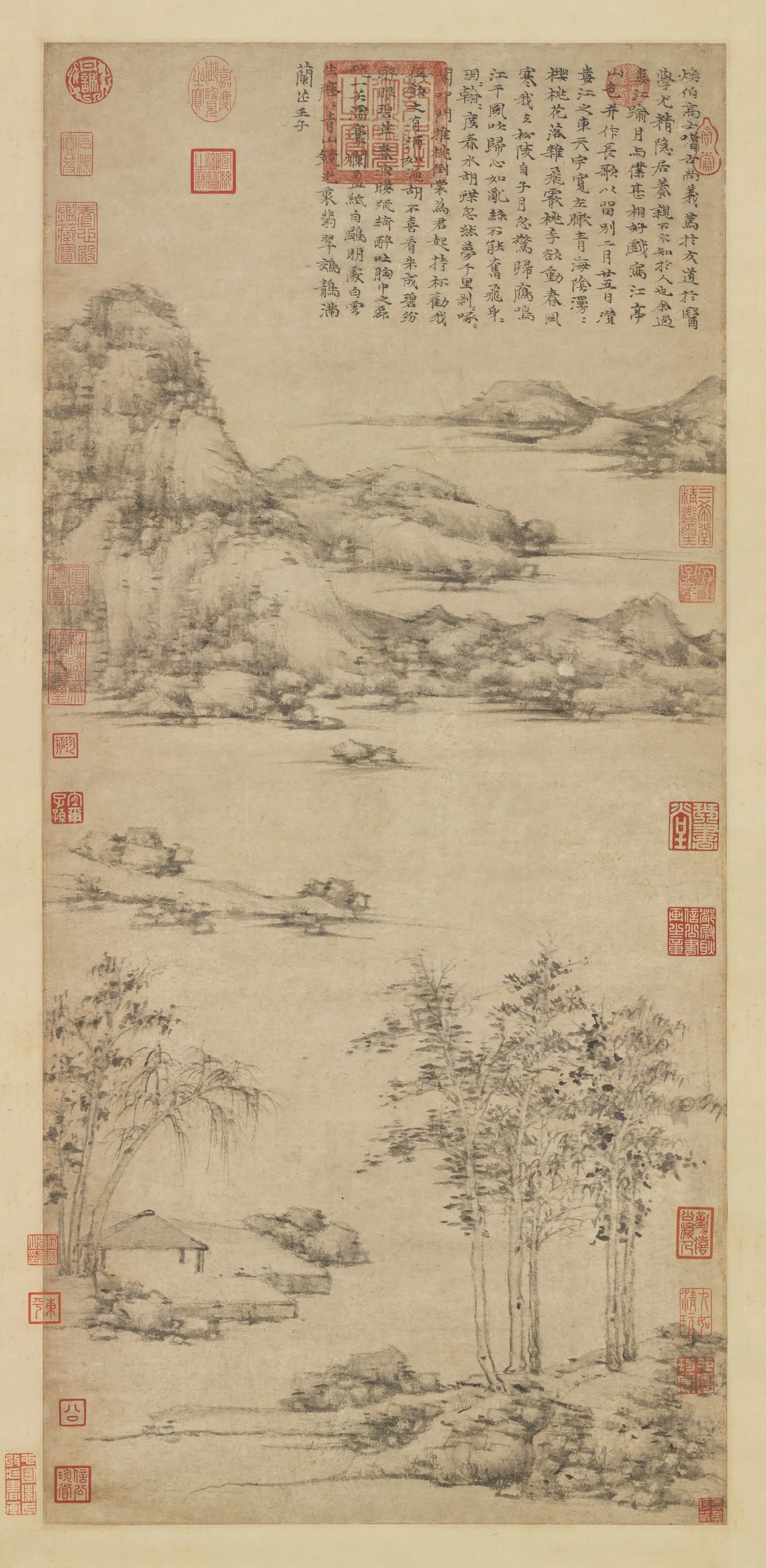 元朝【倪瓒】《江亭山色图轴》
