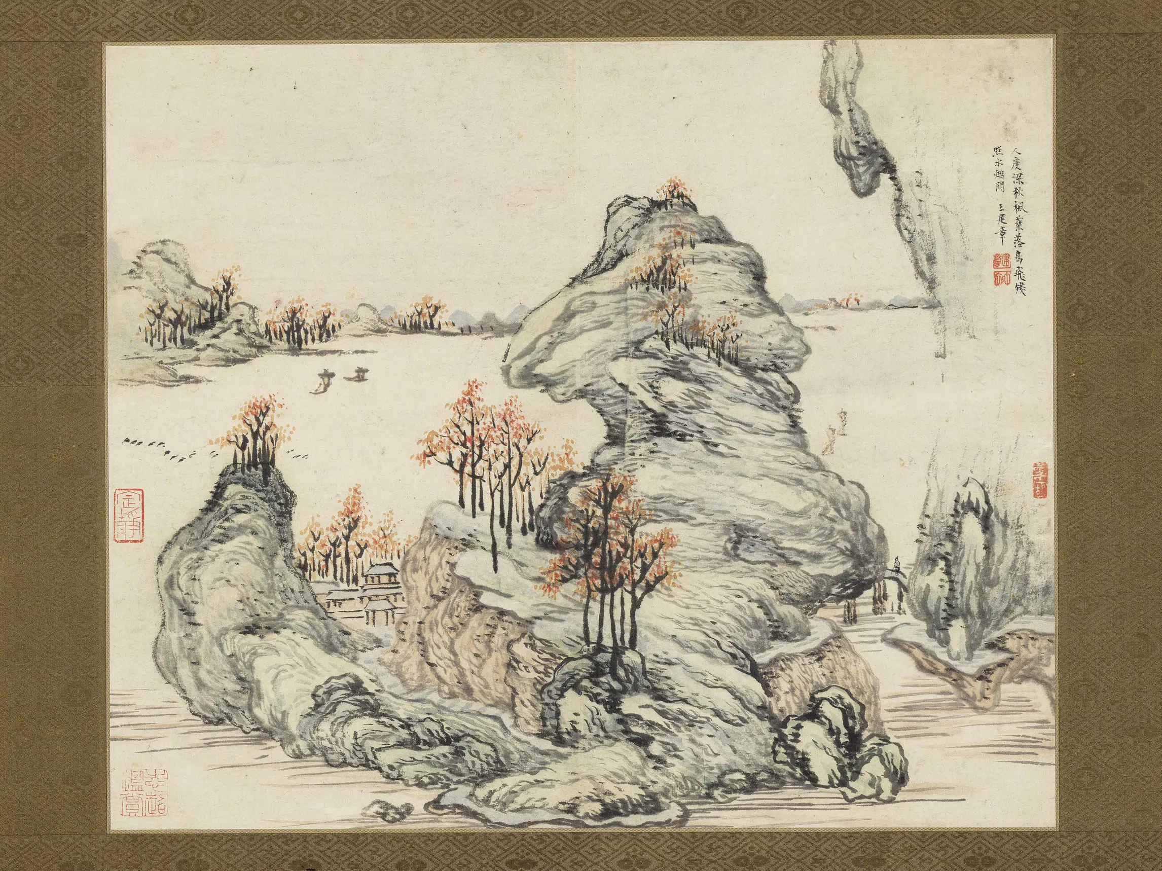 明朝【王建章】《秋山暮江图（附跋未裱）图轴》