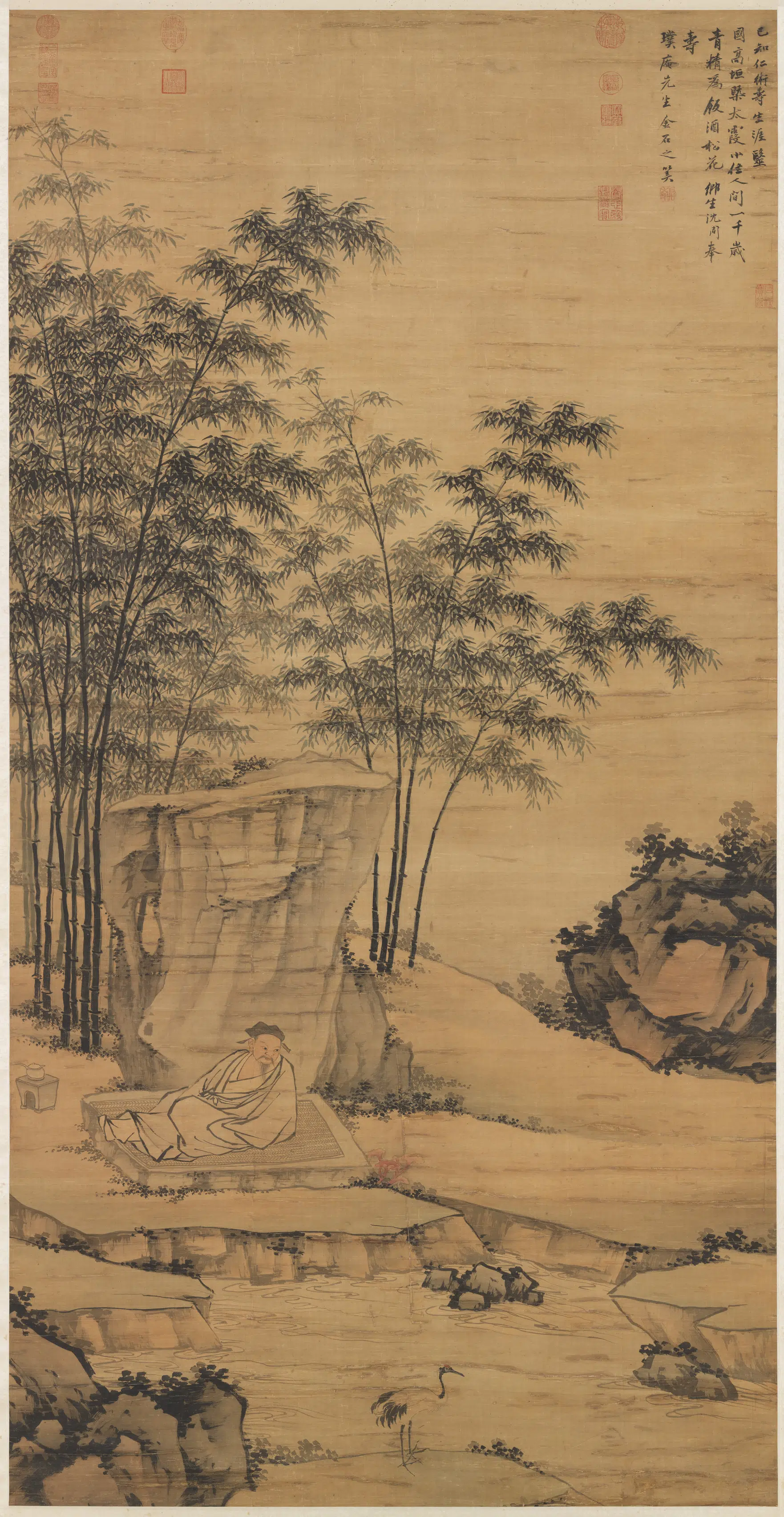 明朝【沈周】《芝鹤图轴》