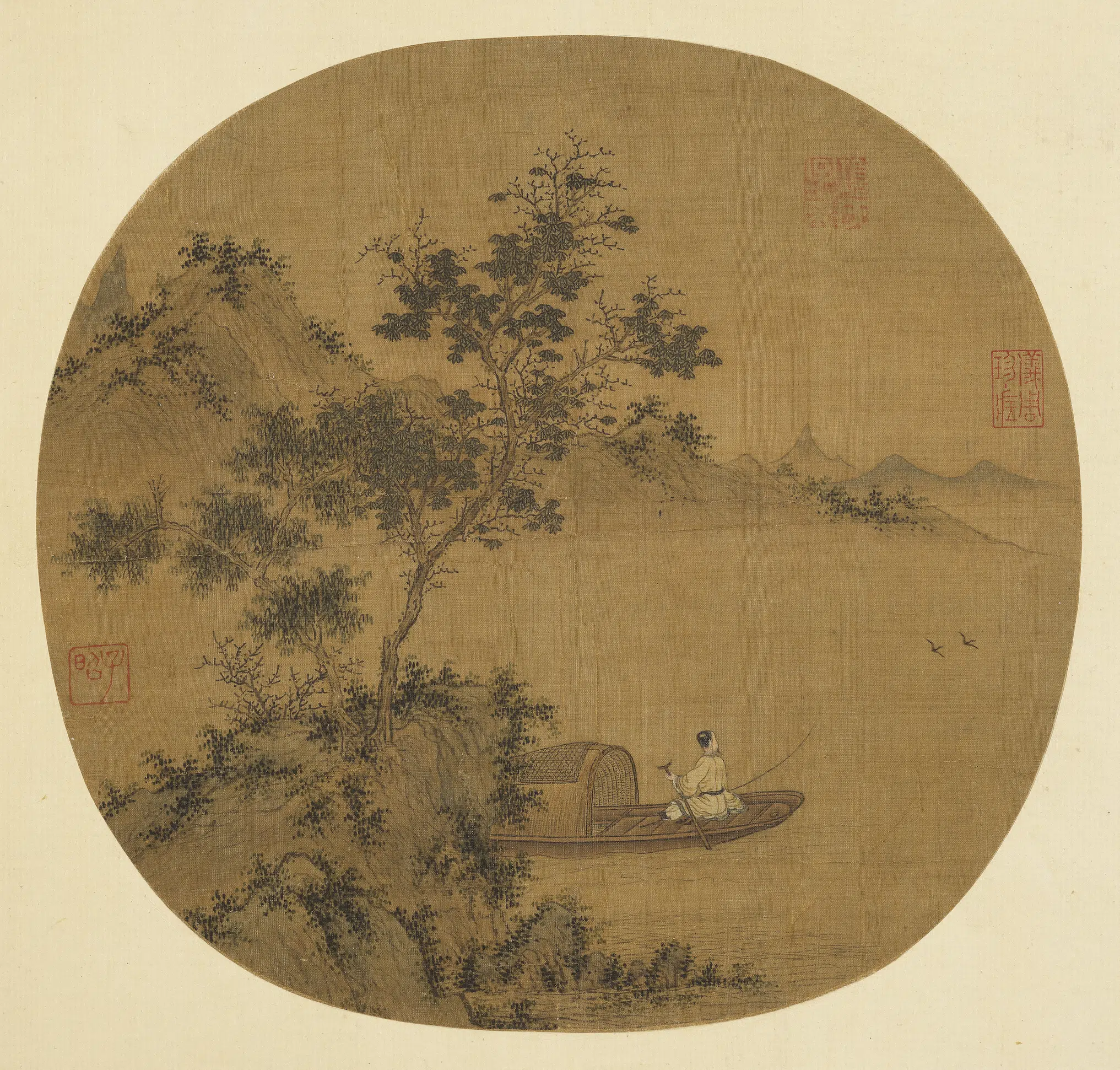 元朝【盛懋】《秋溪钓艇图_纨扇画册》
