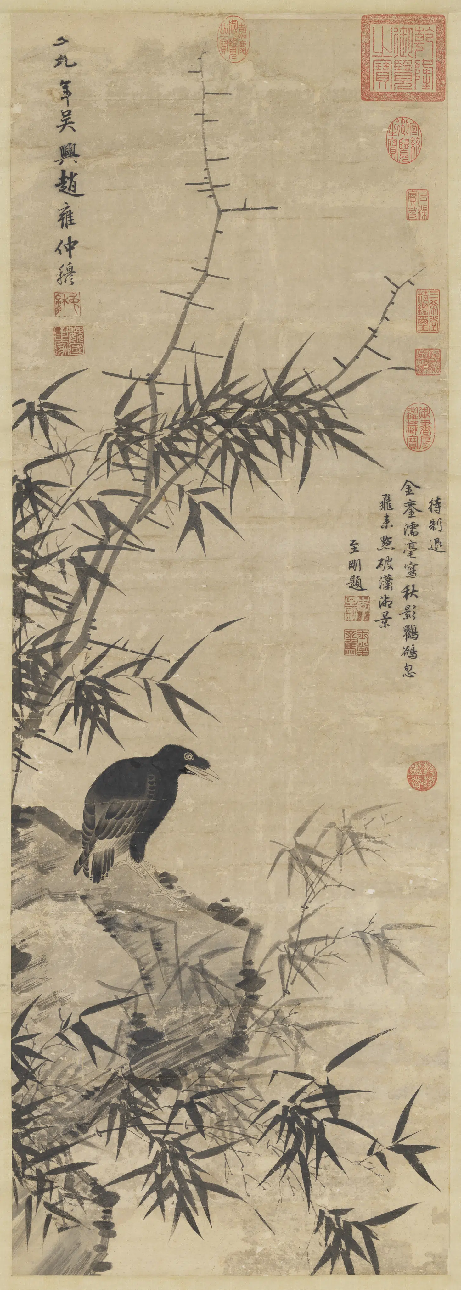 元朝【赵雍】《竹石鸜鹆图轴》