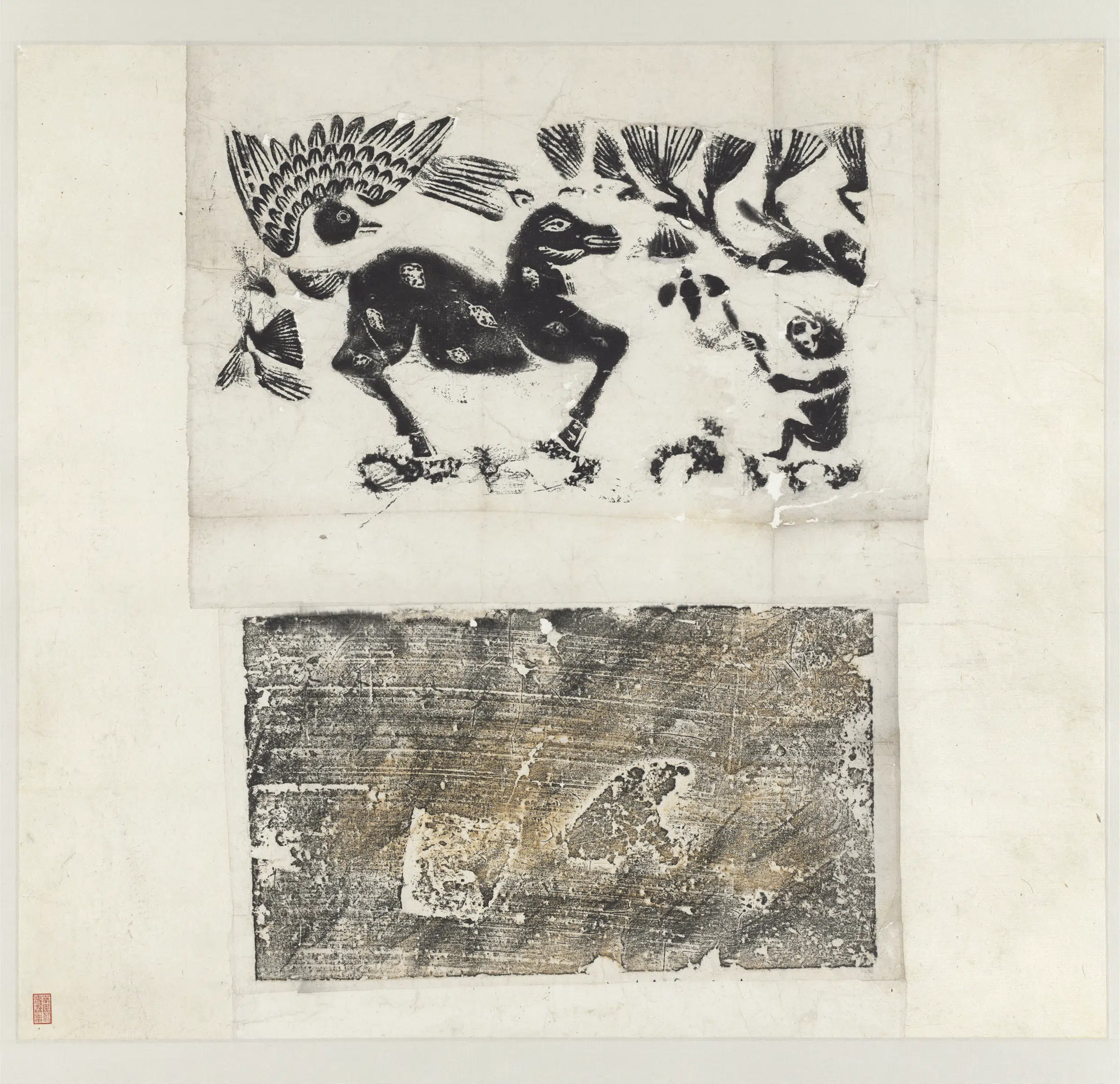汉代《汉雀鹿峰猴画像砖拓片图轴》