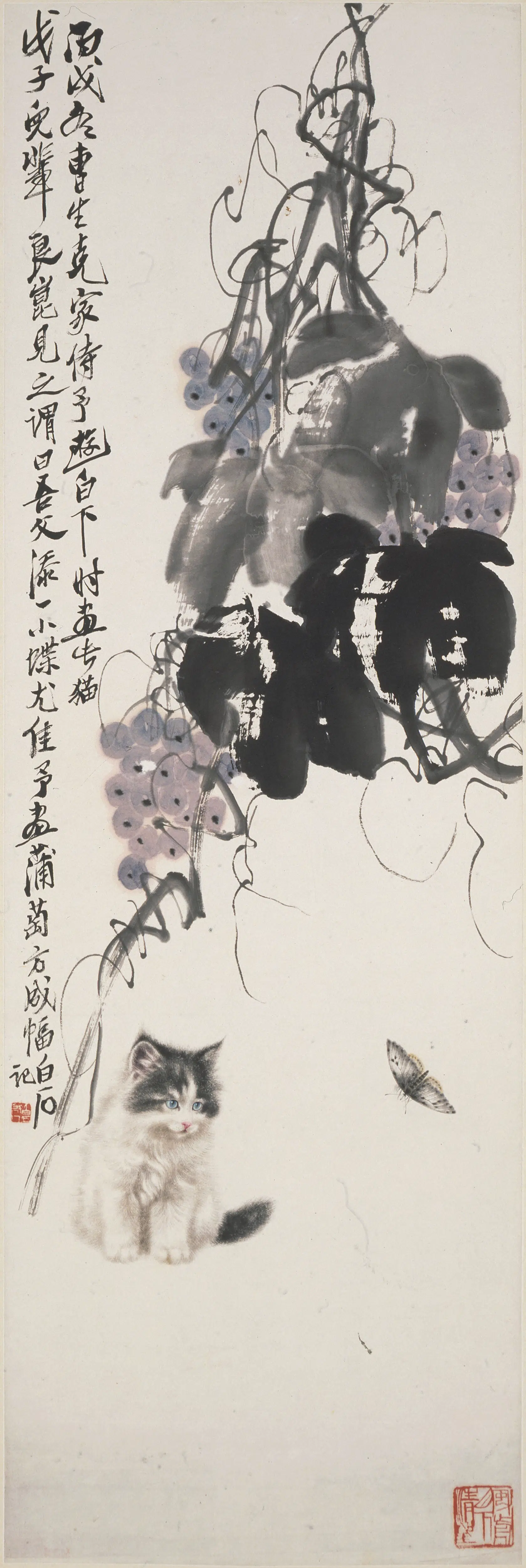 近现代【齐白石】《曹克家紫藤猫蝶图轴》