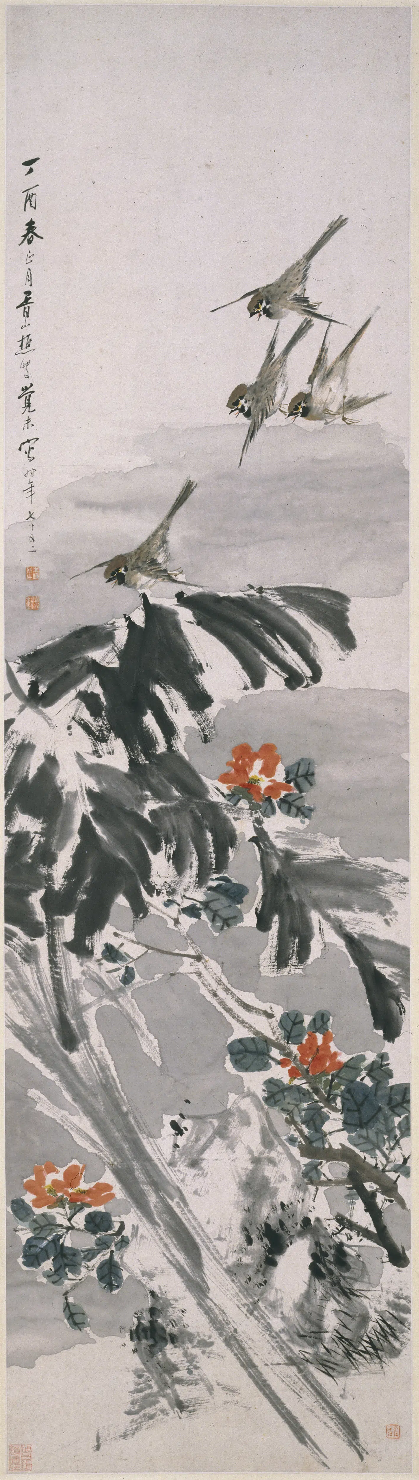 清代【朱偁】《雪蕉寒雀图轴》