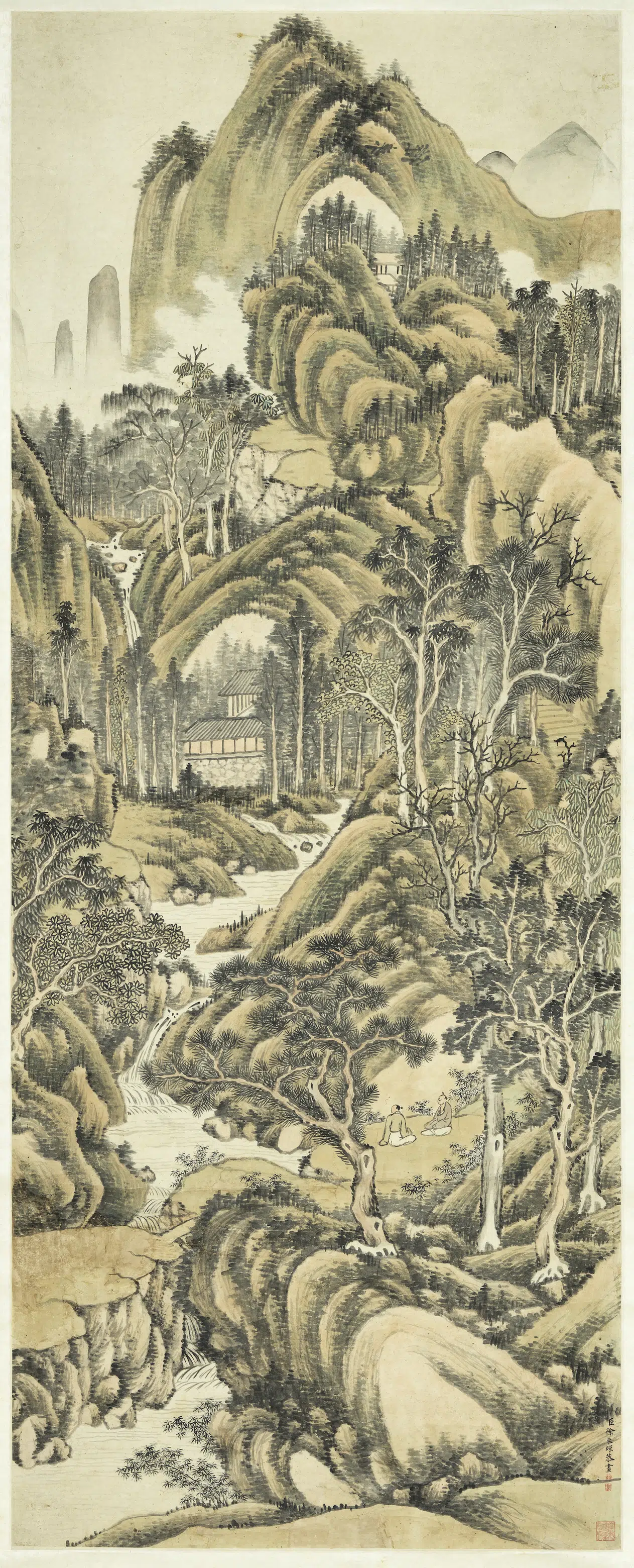 清代【徐来琛】《松阴听瀑图轴》