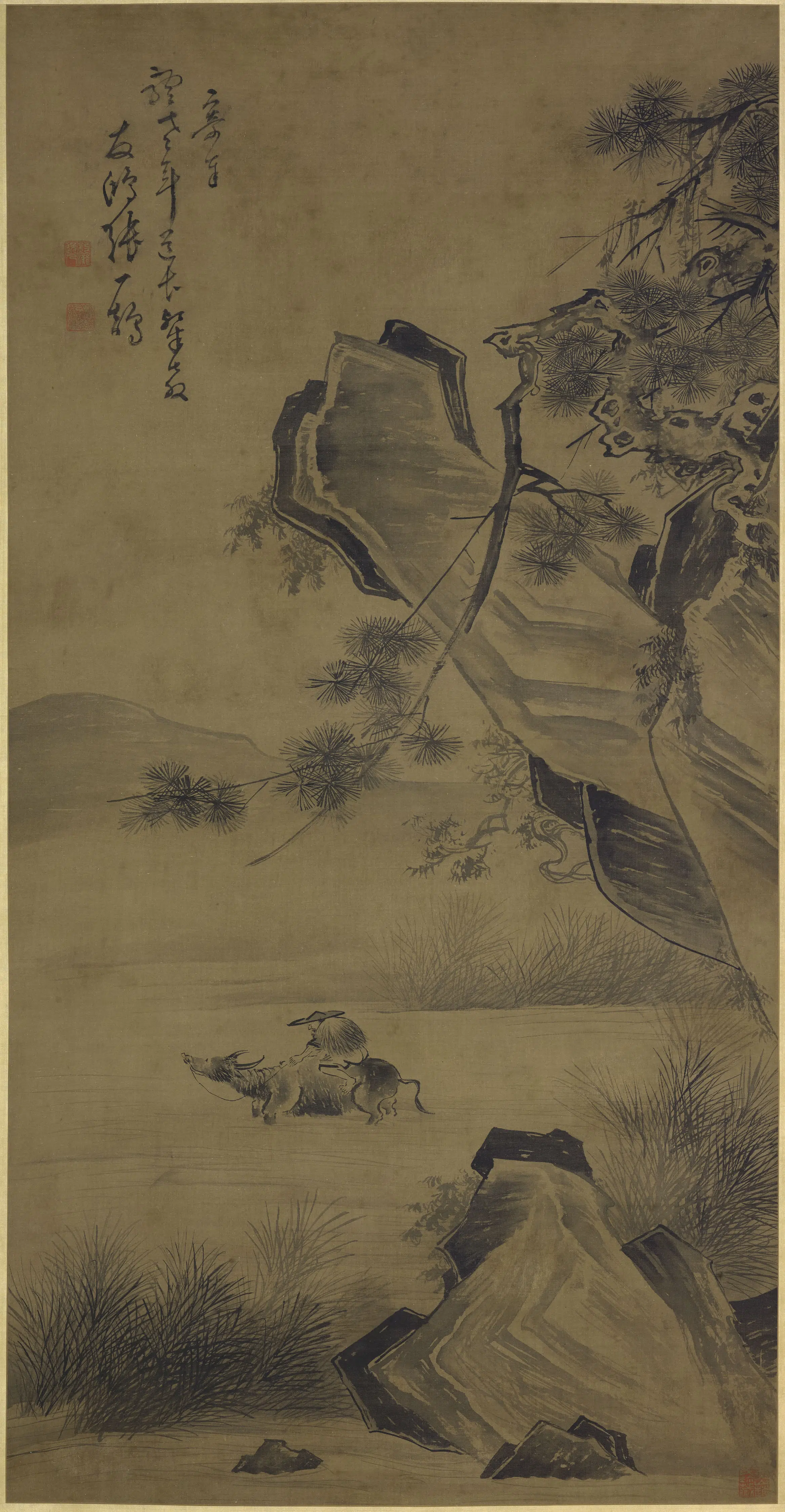 清代【张一鹄】《春牛涉水图轴》