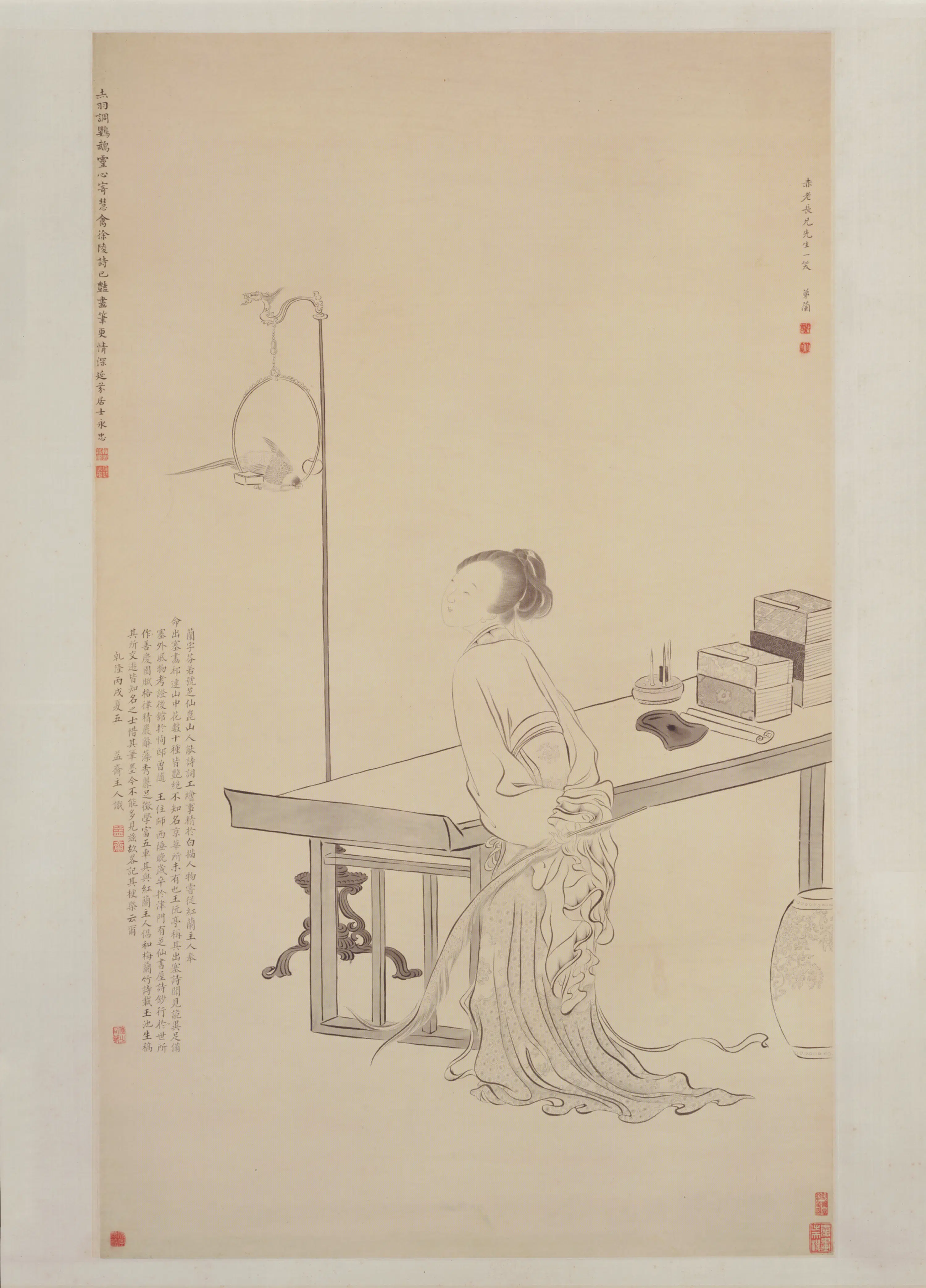 清代【徐兰】《调鹦仕女图轴》