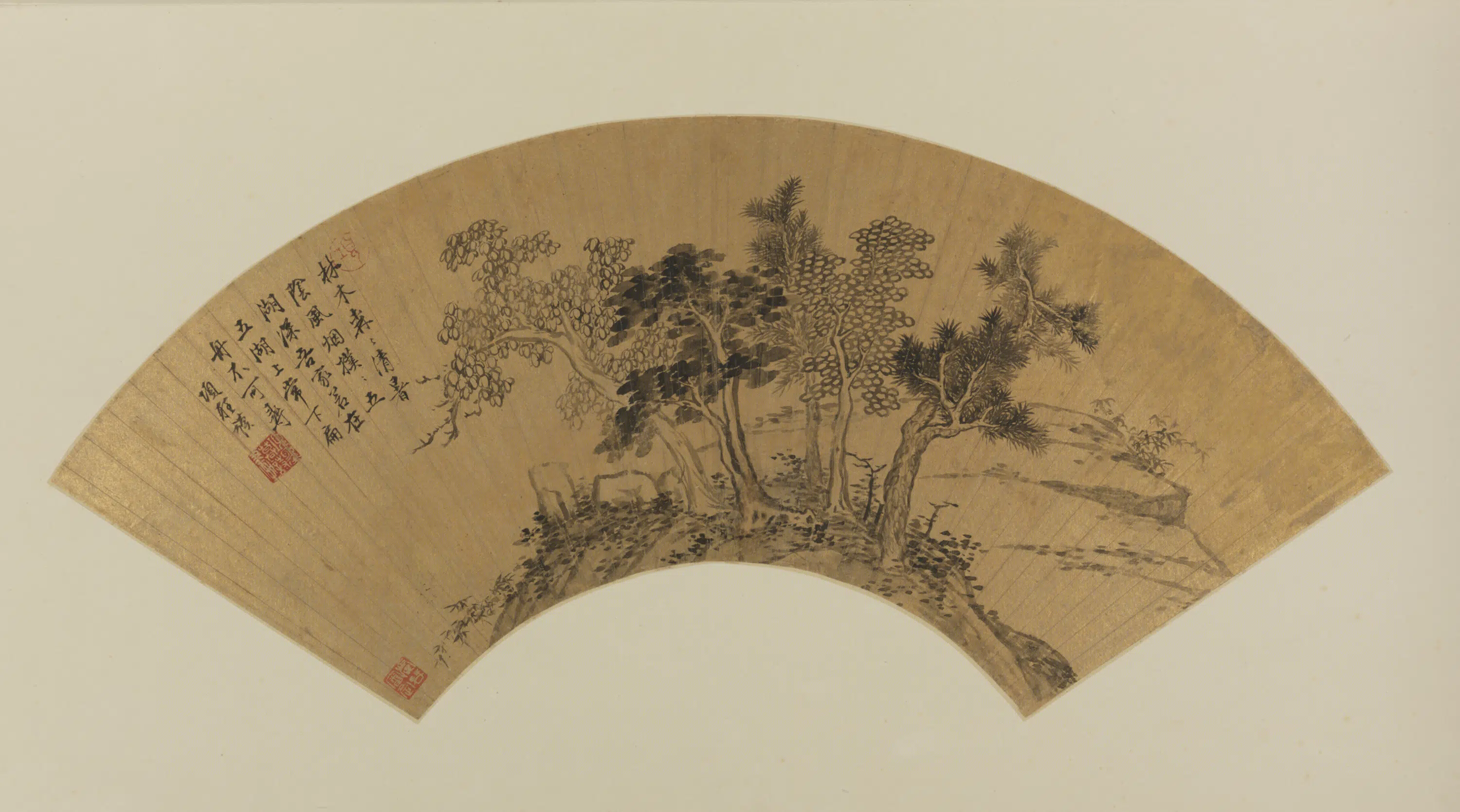 明朝【项圣谟】《林木风烟扇》