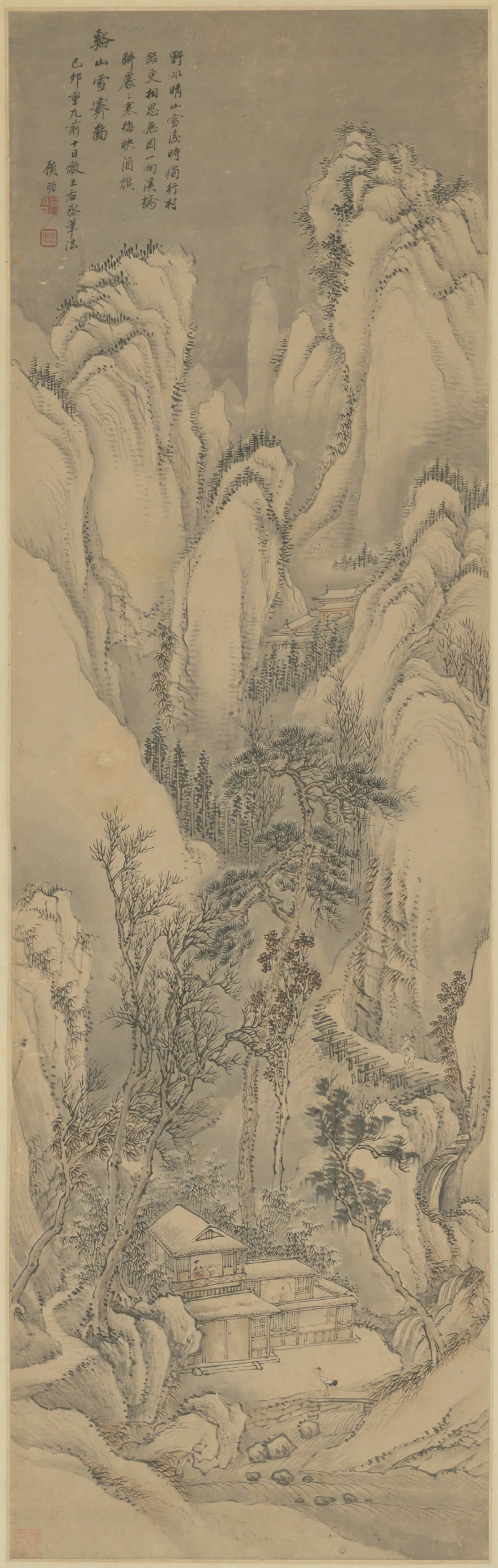 清代【顾昉】《溪山雪霁图轴》