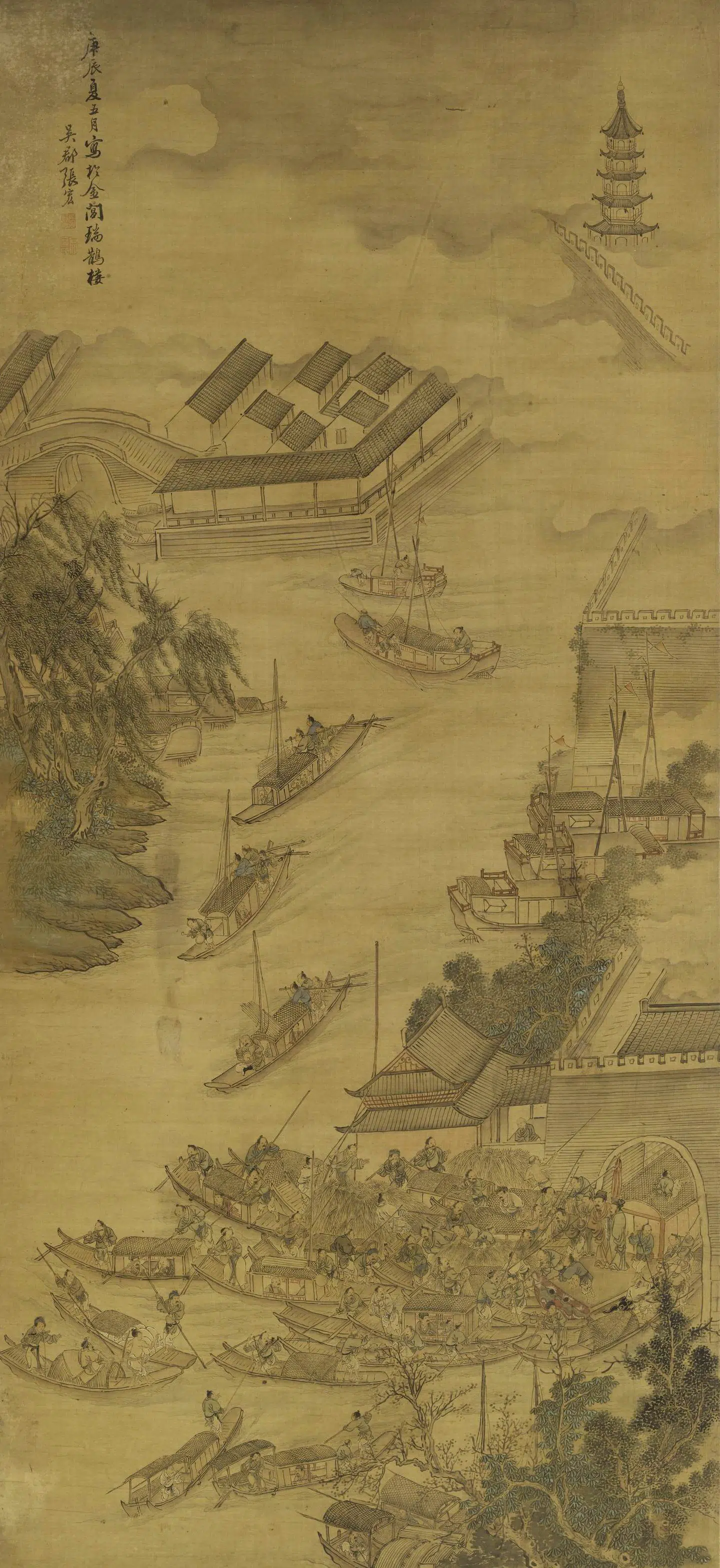 明朝【张宏】《舟泊吴门图轴》