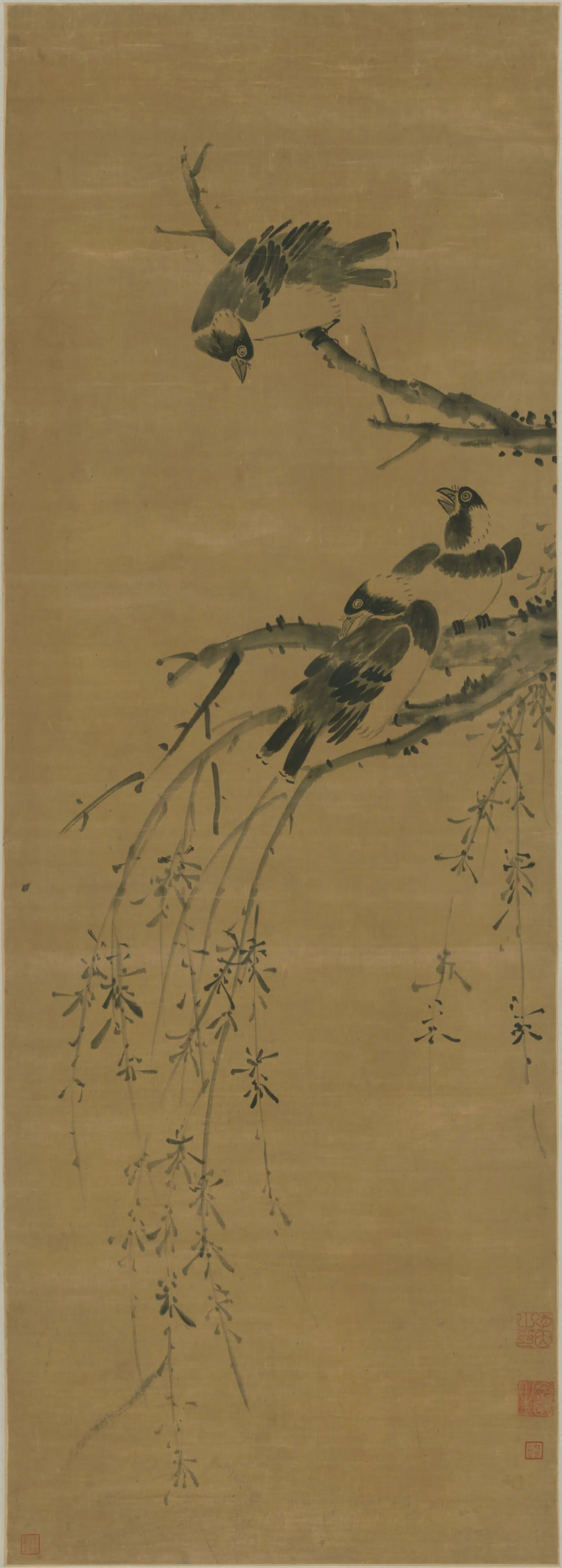 明朝【李因】《柳雀图轴》