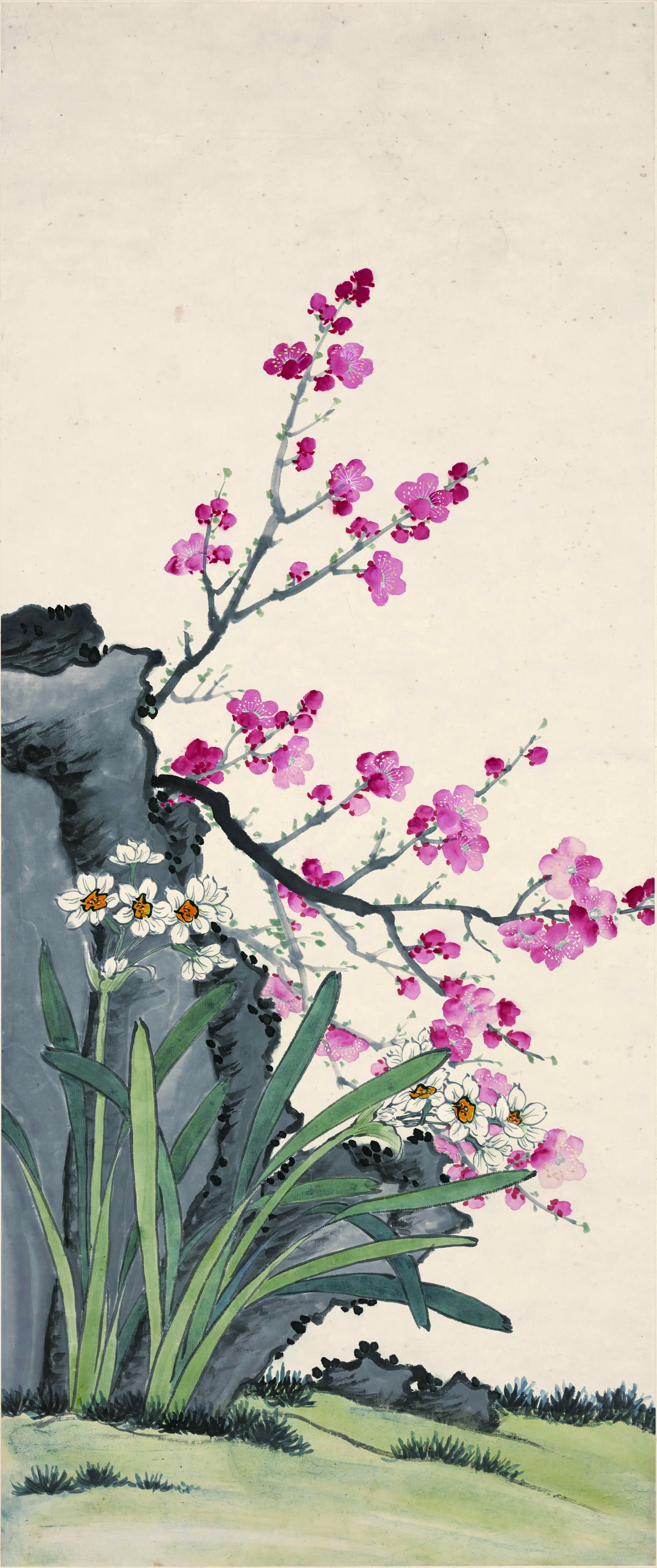 近现代【金西厓】《桃花水仙图轴》